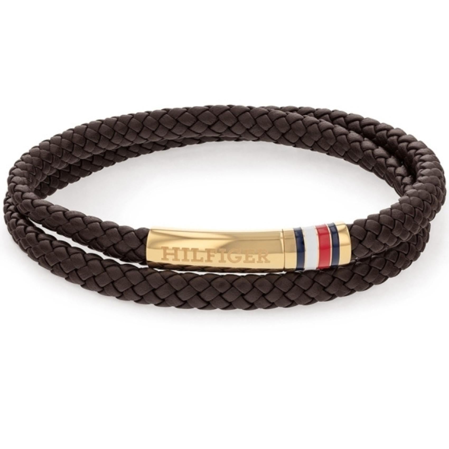 Διπλό βραχιόλι Tommy Hilfiger 2790551 δερμάτινο σε καφέ χρώμα και μαγνητικό κούμπωμα από ανοξείδωτο ατσάλι σε χρυσό χρώμα.