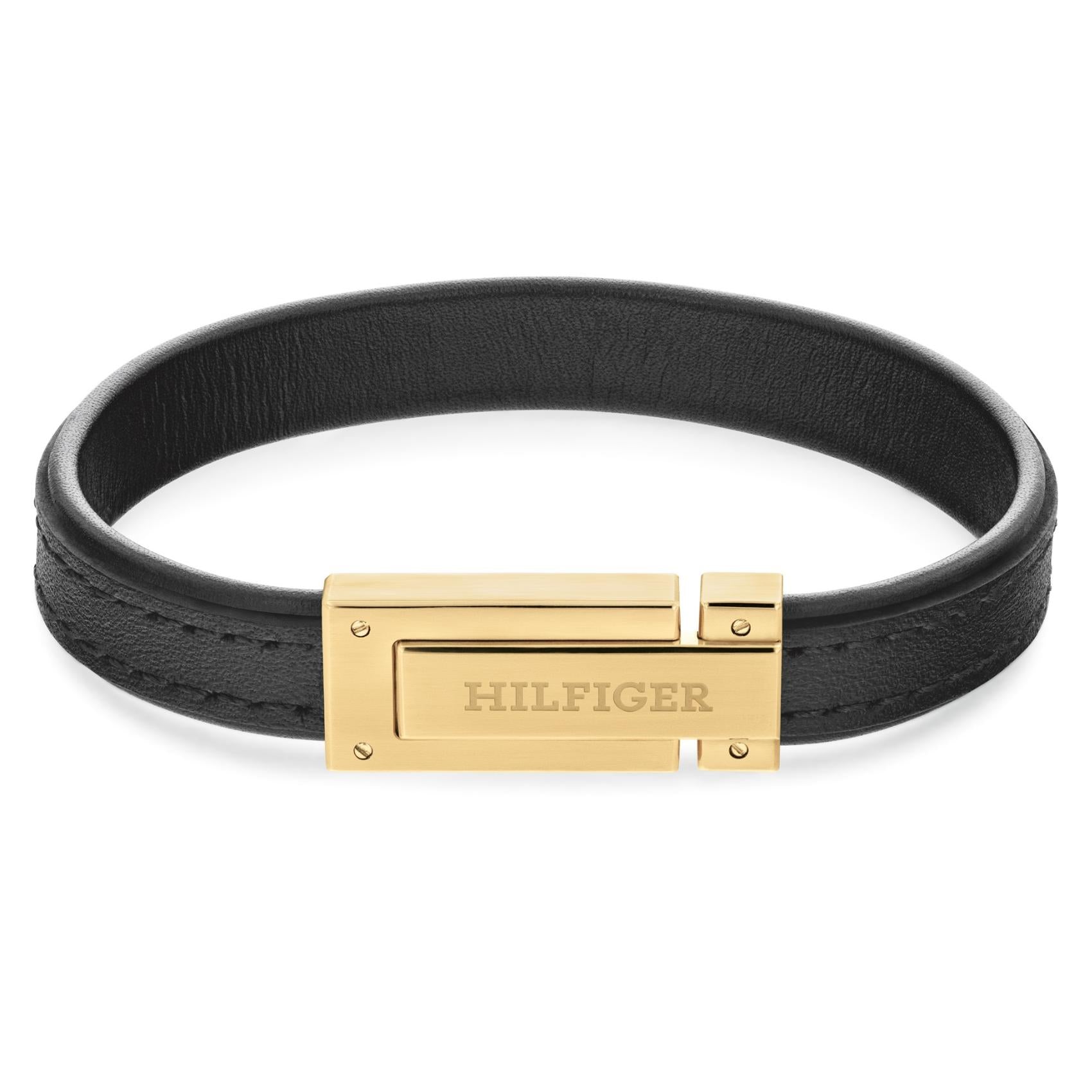 Δερμάτινο βραχιόλι Tommy Hilfiger 2790561 σε μαύρο χρώμα που δένει με κούμπωμα από επιχρυσωμένο ατσάλι σε χρυσό χρώμα.