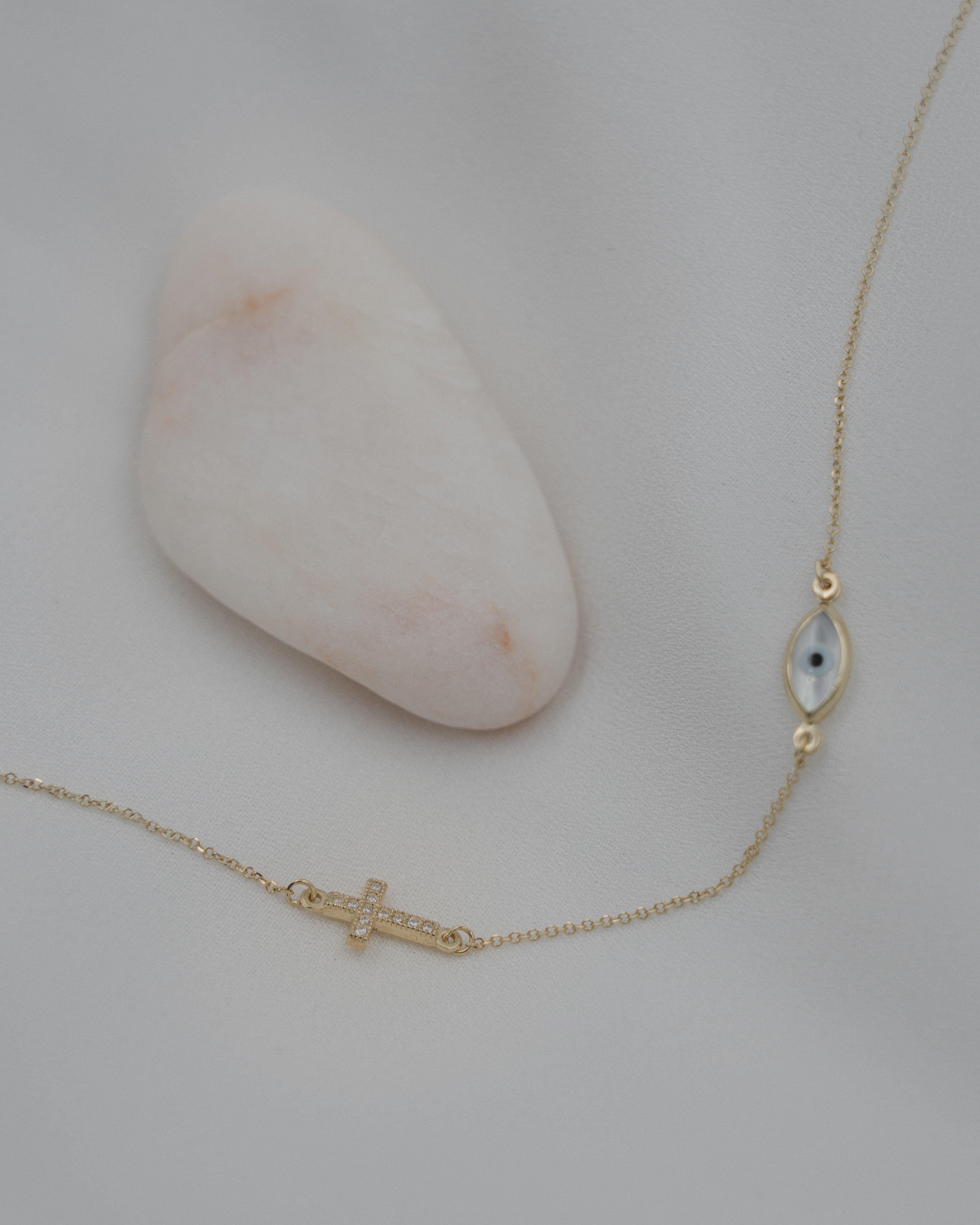 Χρυσό κολιέ Κ14 φίλντισι μάτι και σταυρό