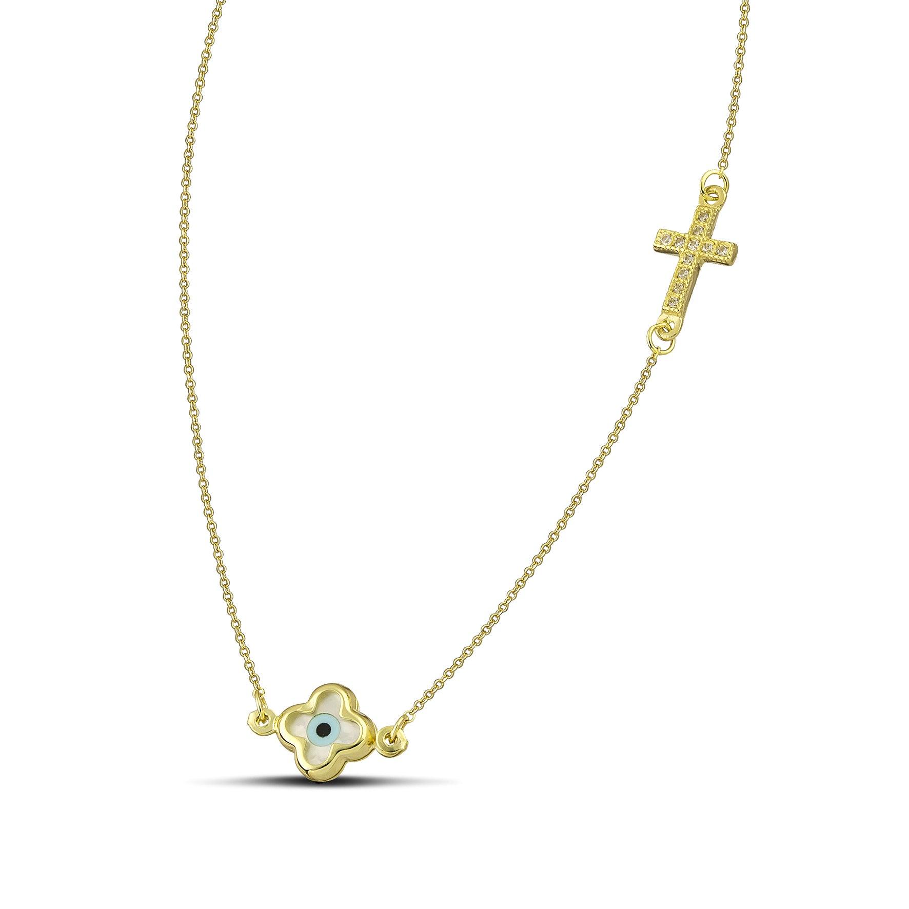 Χρυσό κολιέ Κ9 με ματάκι φίλντισι και σταυρό