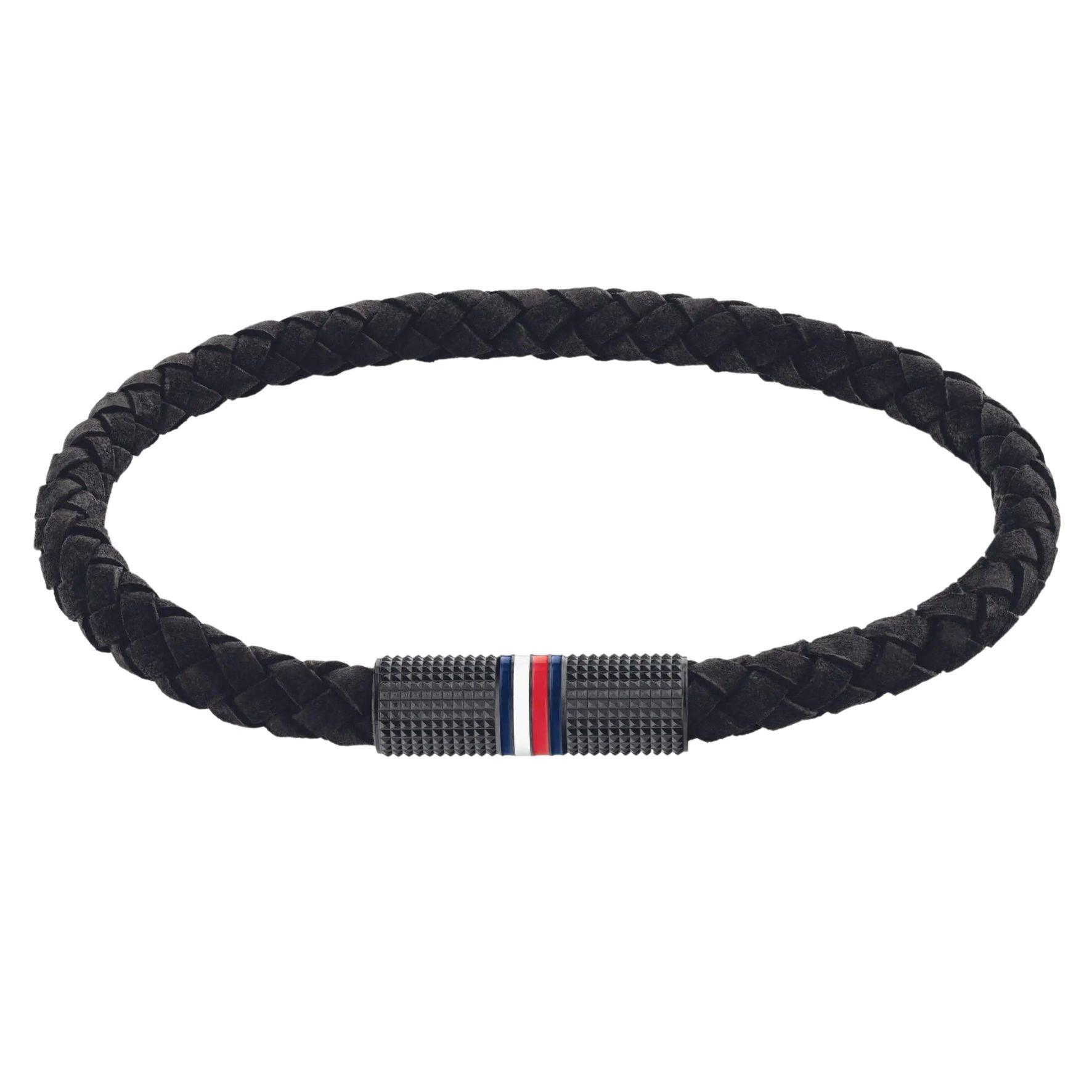 Ανδρικό βραχιόλι Tommy Hilfiger δερμάτινο σε μαύρο χρώμα με πλεκτό σχέδιο.
