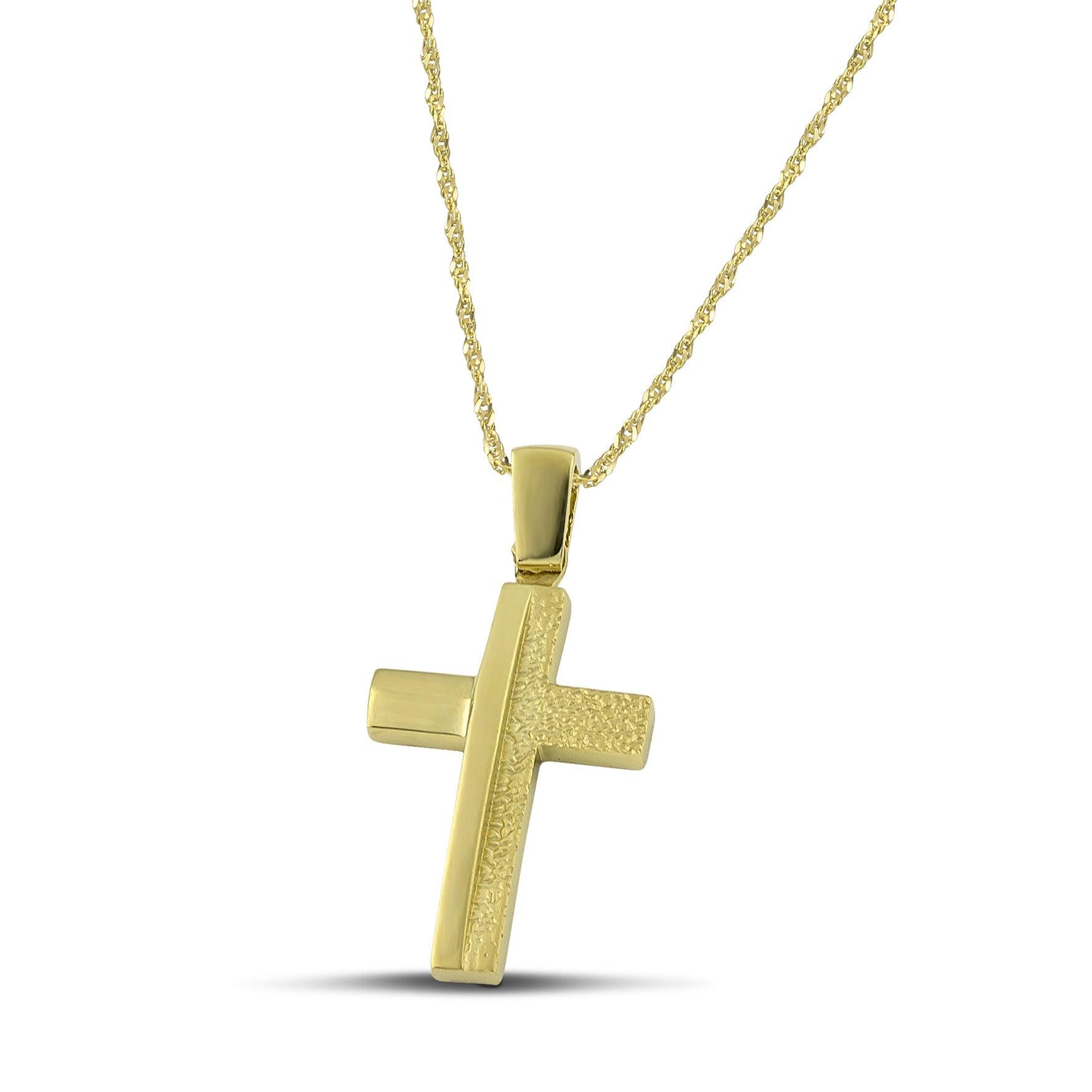 Ανδρικός σταυρός Κ14 μοντέρνος με λουστράτη και σαργέ επιφάνεια, σε λεπτή, στριφτή αλυσίδα.