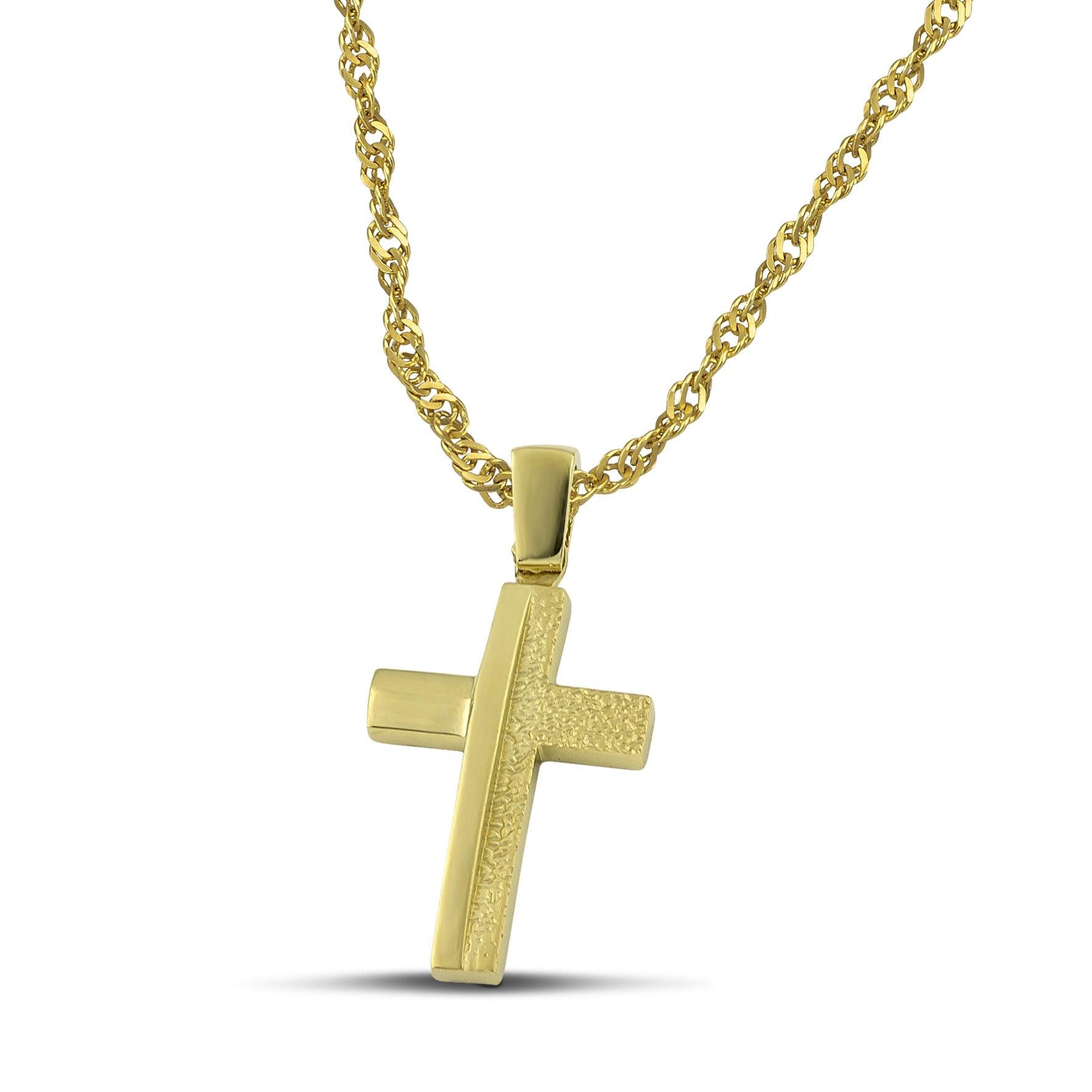 Ανδρικός σταυρός Κ14 μοντέρνος με λουστράτη και σαργέ επιφάνεια, σε χοντρή αλυσίδα.