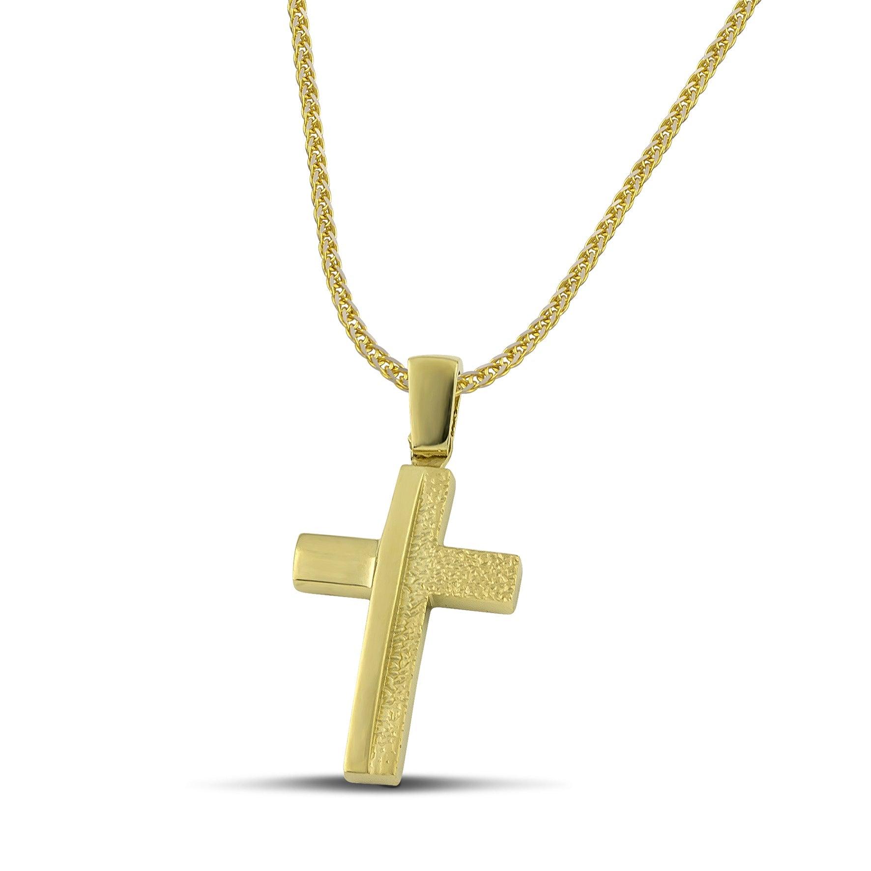 Ανδρικός σταυρός Κ14 μοντέρνος με λουστράτη και σαργέ επιφάνεια, σε χοντρή αλυσίδα.