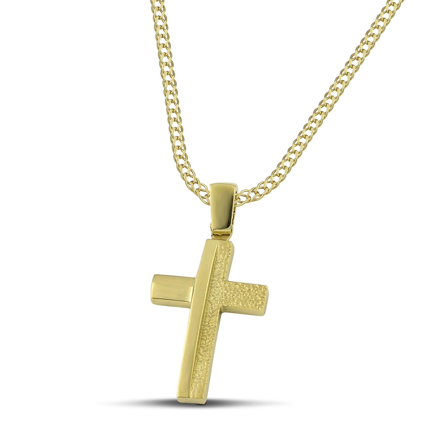Ανδρικός σταυρός Κ14 μοντέρνος με λουστράτη και σαργέ επιφάνεια, σε χοντρή αλυσίδα.