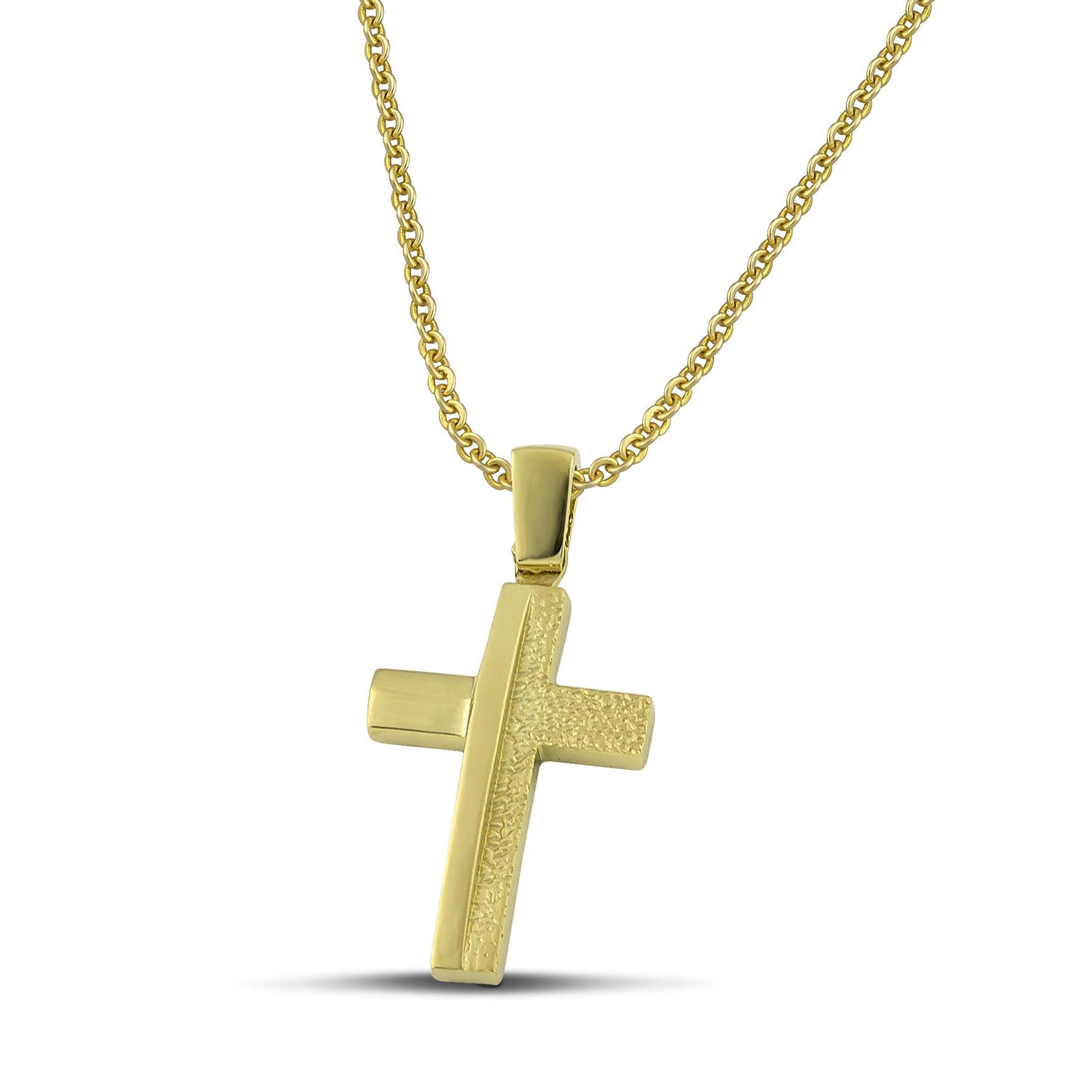 Ανδρικός σταυρός Κ14 μοντέρνος με λουστράτη και σαργέ επιφάνεια, σε λεπτή αλυσίδα.