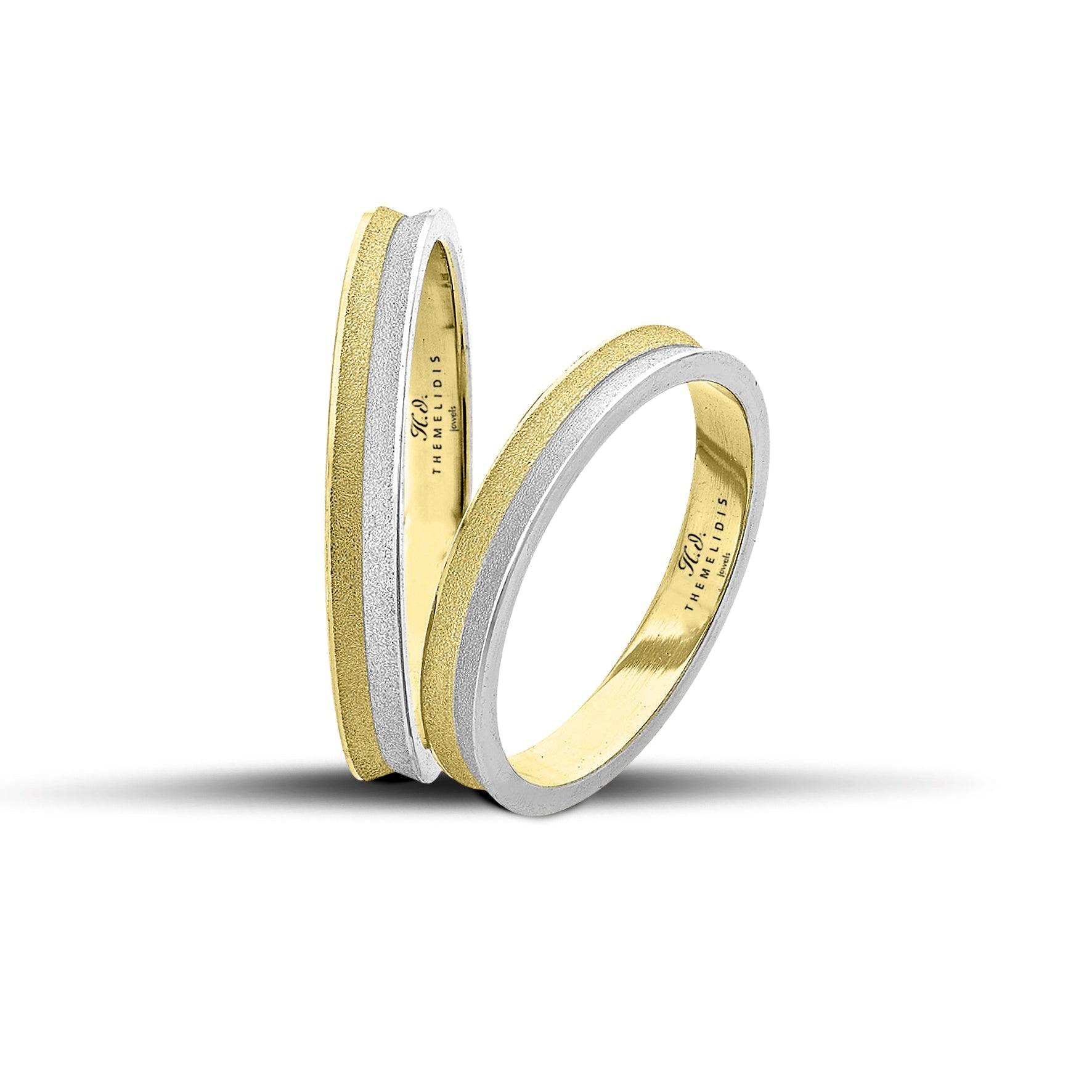 Δίχρωμες βέρες γάμου 3mm σε χρυσό και λευκόχρυσο με ματ φινίρισμα — κομψές, χειροποίητες και διαχρονικές, για ζευγάρια με στυλ.