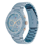 Γυναικείο ρολόι Tommy Hilfiger Carrie 1782576, με μπρασελέ σε μπλε χρώμα από ανοξείδωτο ατσάλι και μπλε καντράν με χρονογράφους και δείκτες σε ροζ χρυσό χρώμα.