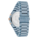 Γυναικείο ρολόι Tommy Hilfiger Carrie 1782576, με μπρασελέ σε μπλε χρώμα από ανοξείδωτο ατσάλι και μπλε καντράν με χρονογράφους και δείκτες σε ροζ χρυσό χρώμα.