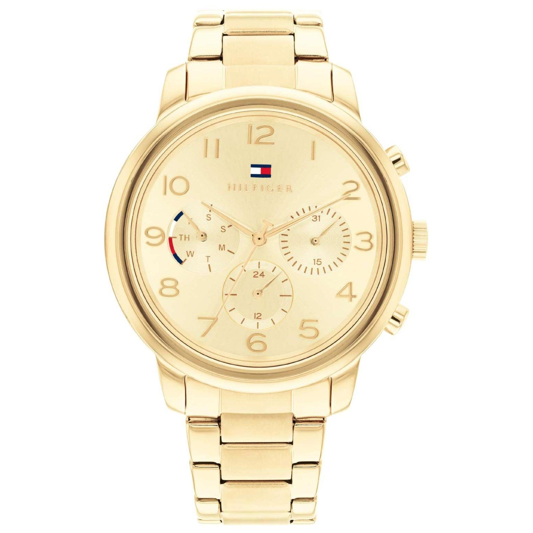 Γυναικείο ρολόι Tommy Hilfiger Isabel 1782525, με μπρασελέ σε χρυσό χρώμα από ανοξείδωτο ατσάλι και χρυσό καντράν με χρονογράφους και δείκτες σε χρυσό χρώμα.