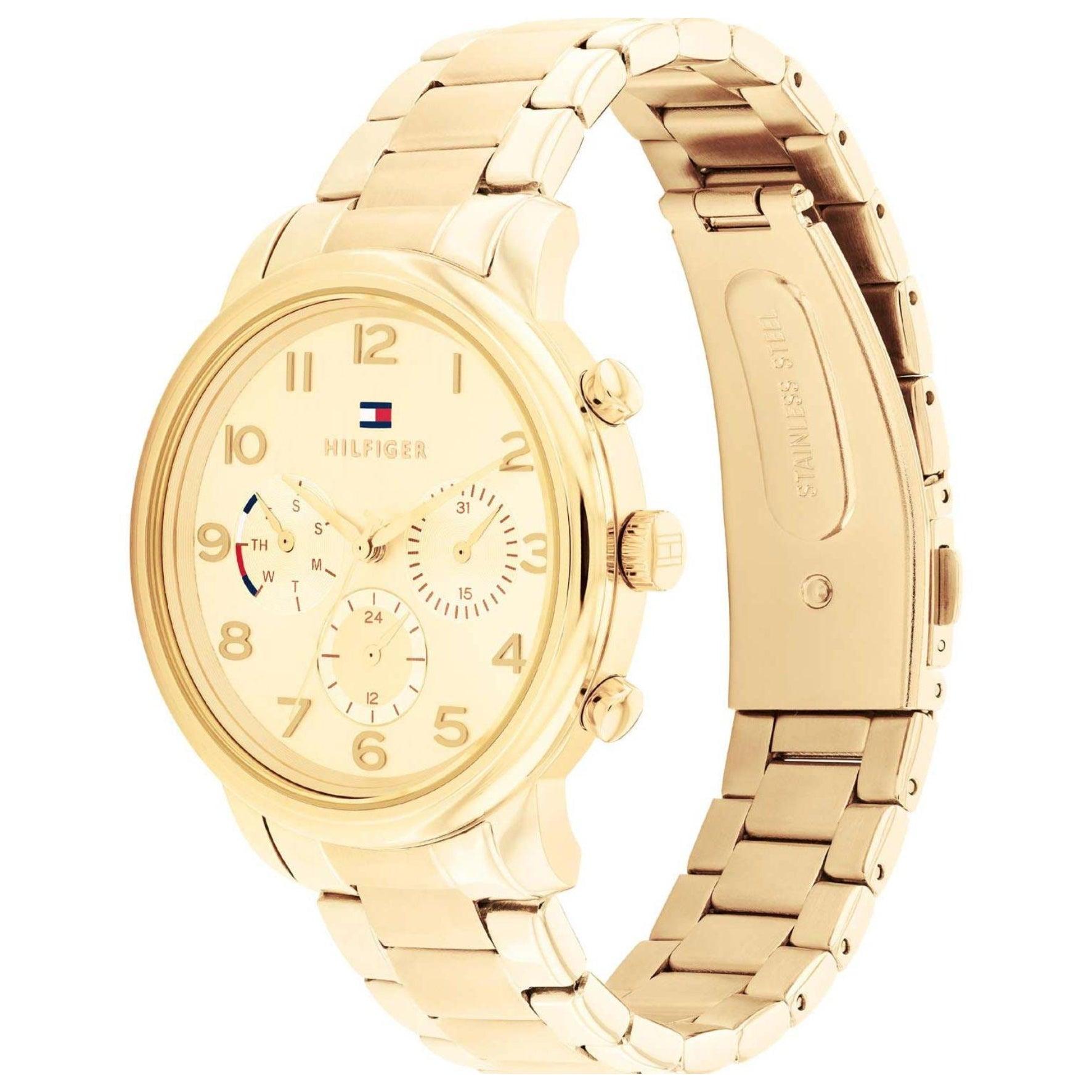 Γυναικείο ρολόι Tommy Hilfiger Isabel 1782525, με μπρασελέ σε χρυσό χρώμα από ανοξείδωτο ατσάλι και χρυσό καντράν με χρονογράφους και δείκτες σε χρυσό χρώμα.
