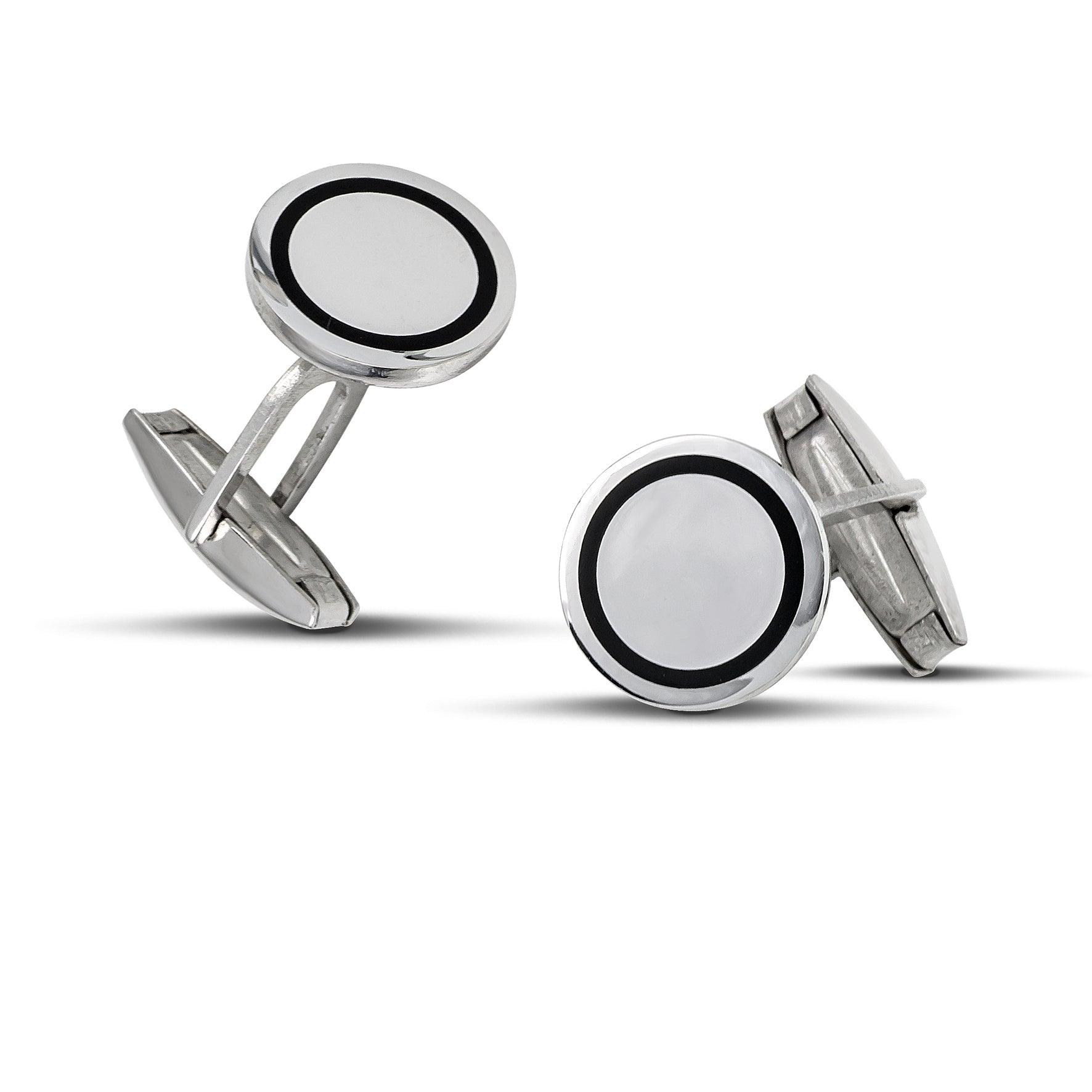 Στρογγυλά ανδρικά μανικετόκουμπα από ασήμι 925 με μαύρο σμάλτο.