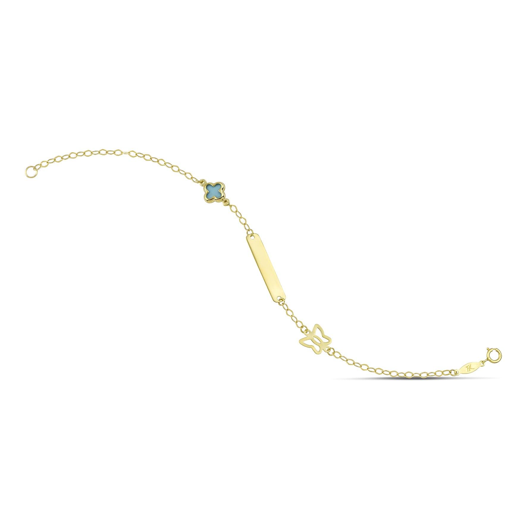 Παιδική ταυτότητα βραχιόλι από χρυσό 9 καρατίων με μπλε σταυρουδάκι και πεταλούδα.