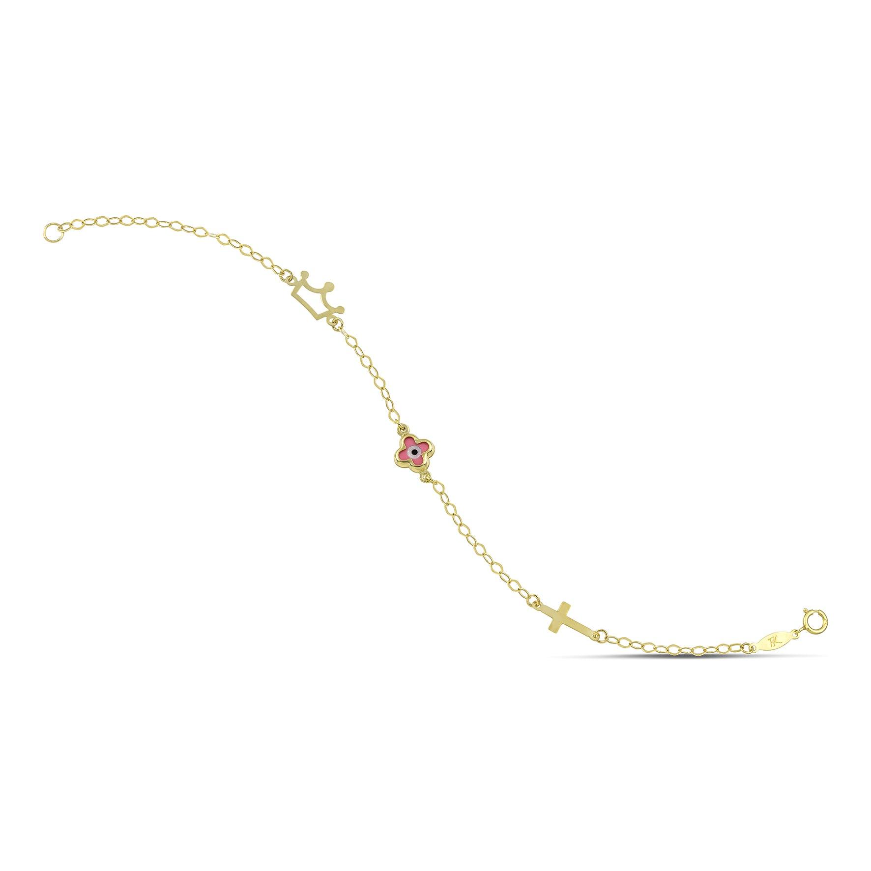 Χρυσό βραχιόλι παιδικό Κ9 με σταυρουδάκι και ματάκι