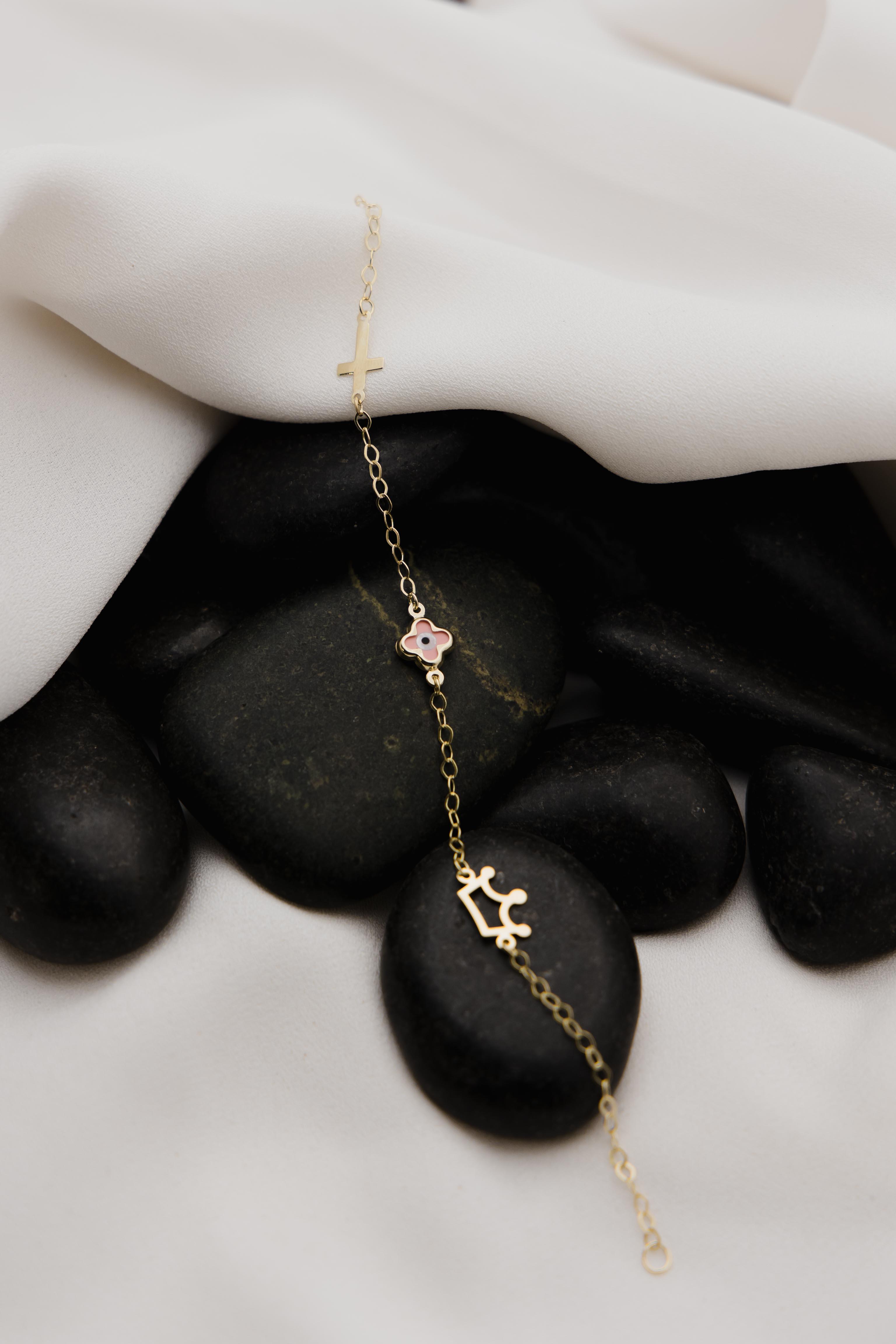 Χρυσό βραχιόλι παιδικό Κ9 με σταυρουδάκι και ματάκι