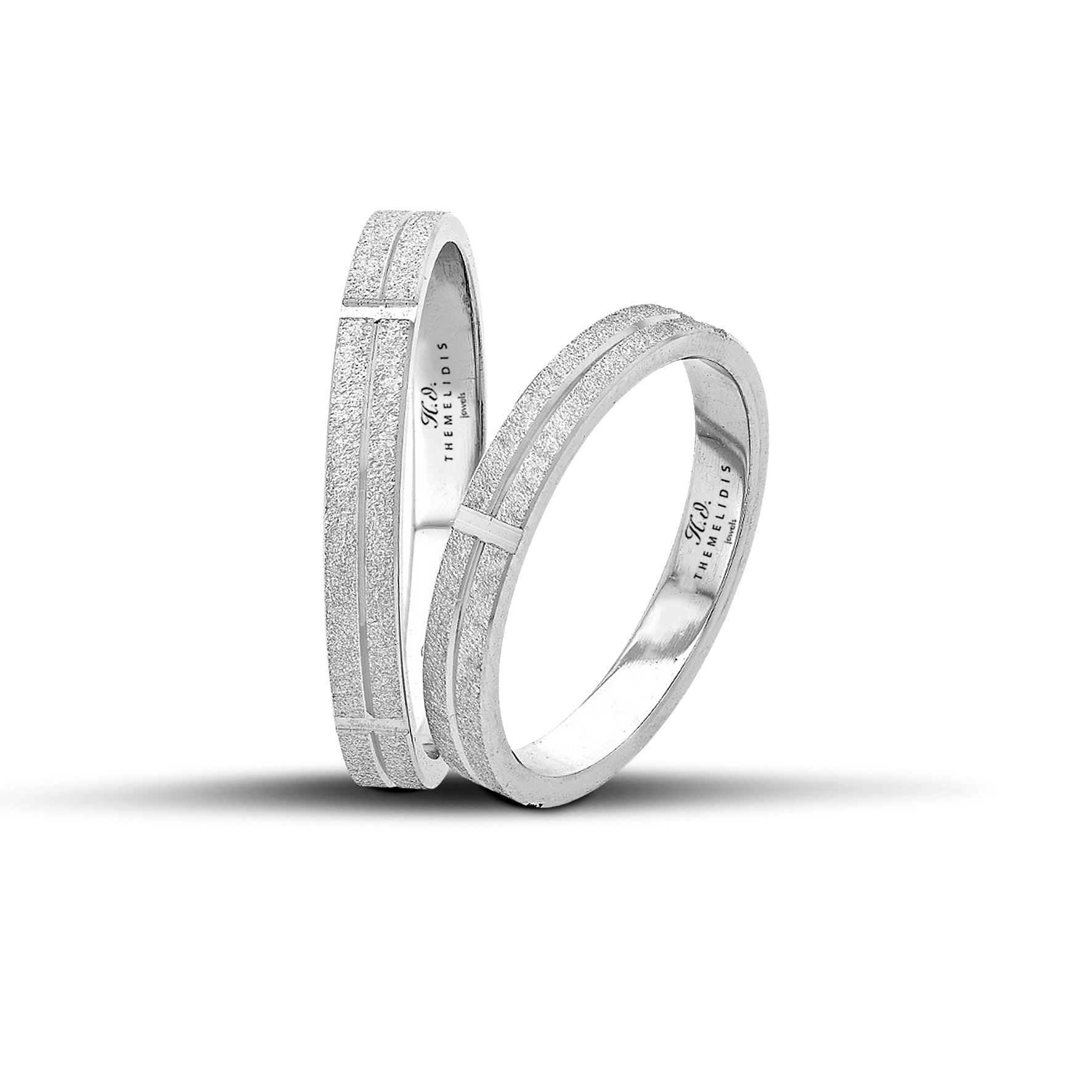 Λευκόχρυσες βέρες γάμου 3mm με ματ φινίρισμα και λουστρέ σχέδια, χειροποίητης κατασκευής.