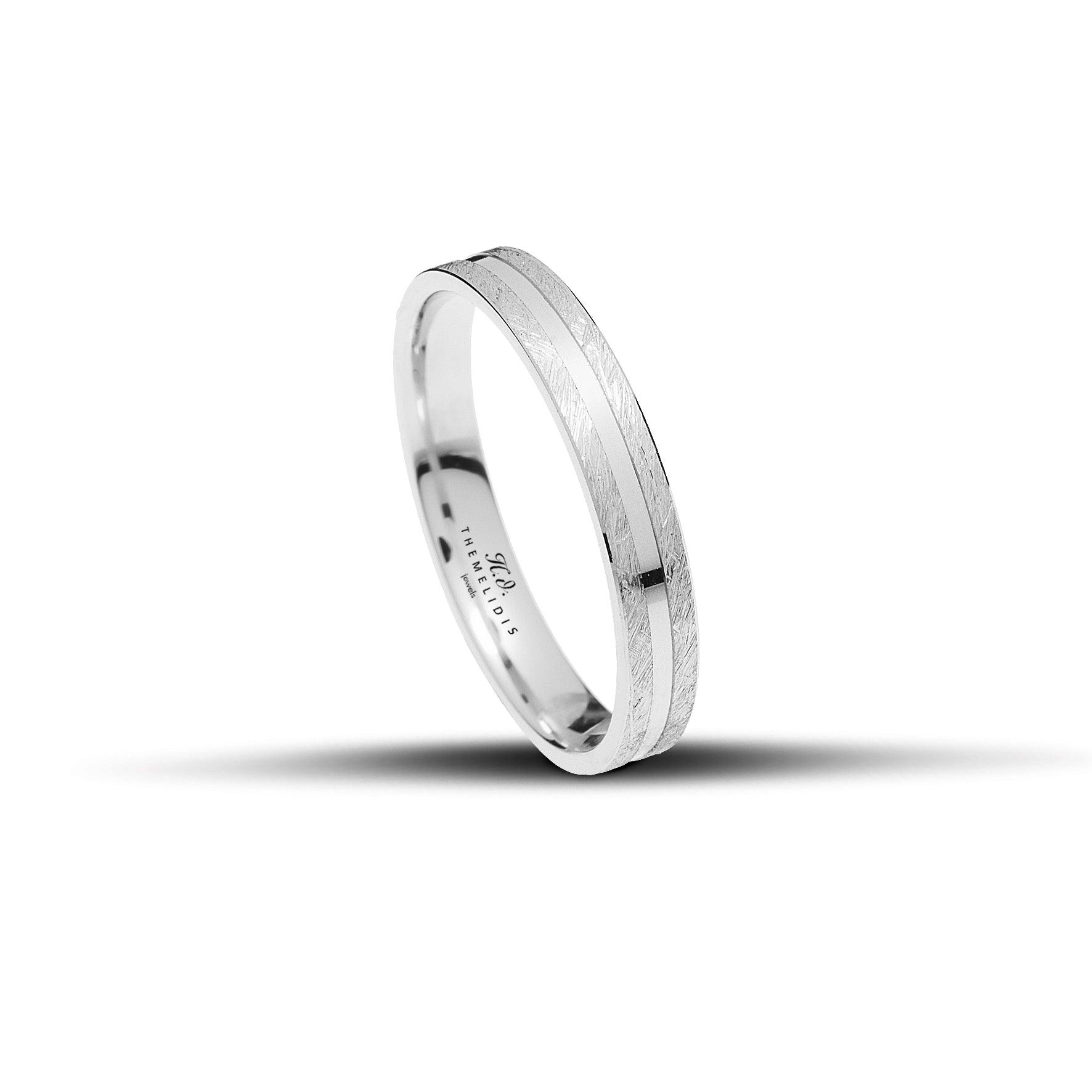 Πρωτότυπες λευκόχρυσες βέρες γάμου 3.5mm με σαγρέ φινίρισμα και λουστρέ γραμμή στο κέντρο, κομψές και χειροποίητες.