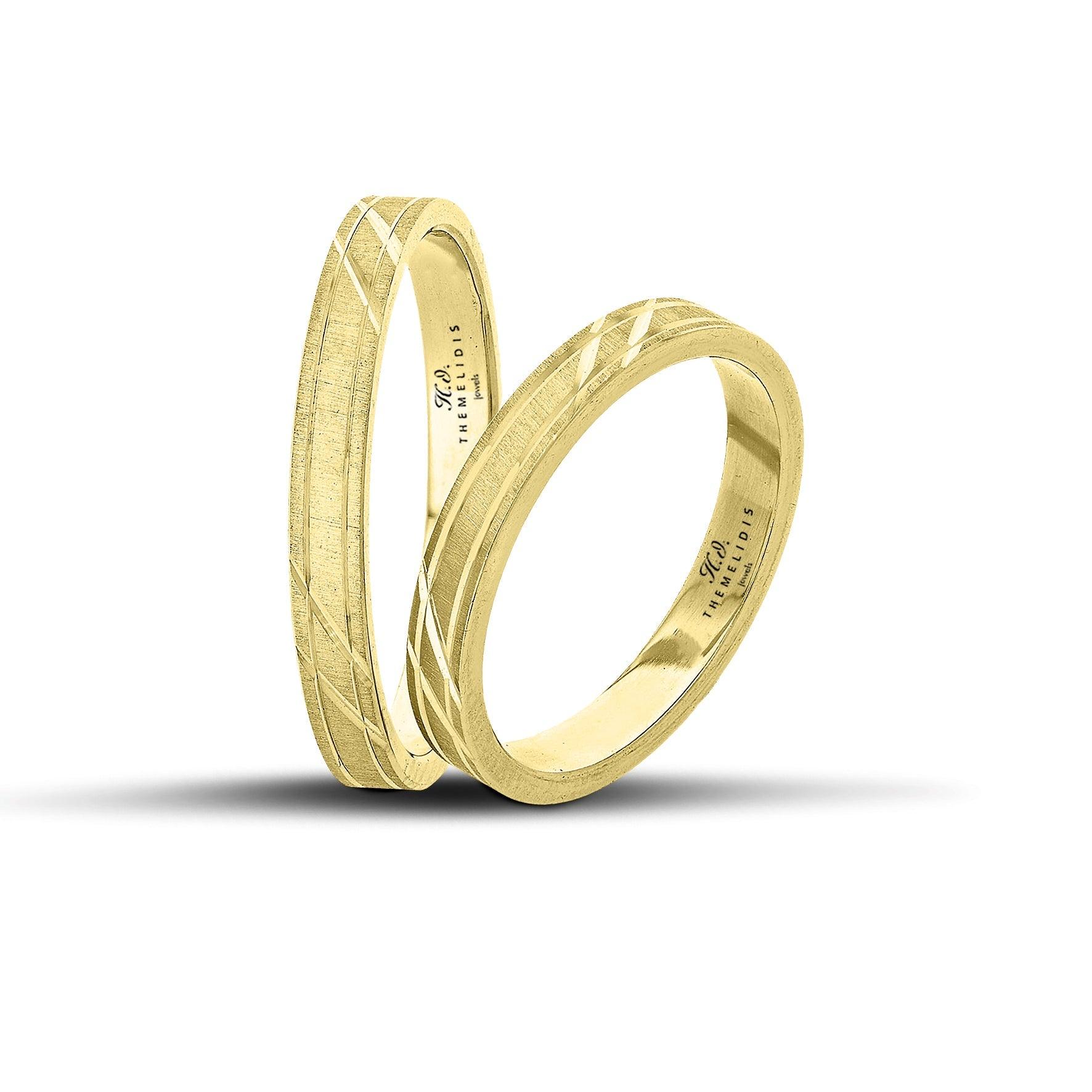 Χρυσές βέρες γάμου 3mm με λουστρέ φινίρισμα και ματ γραμμές, λεπτού σχεδιασμού και ελληνικής κατασκευής.