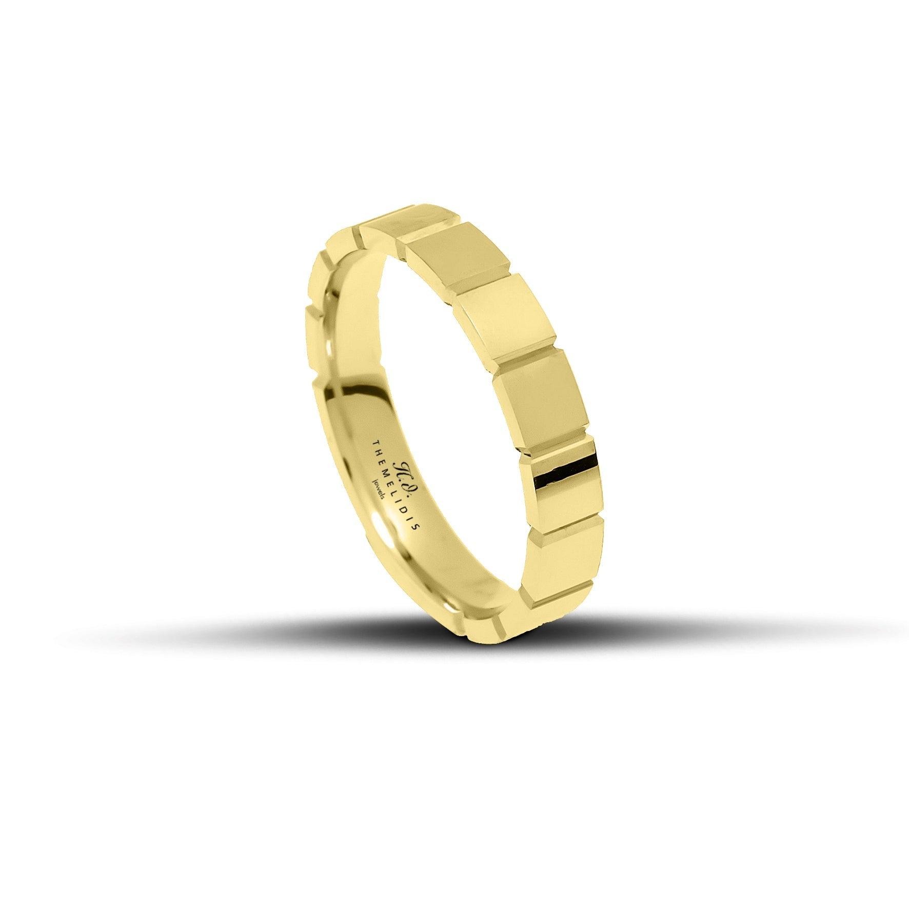 Πρωτότυπες χρυσές βέρες γάμου 3.5mm λουστρέ με τετράγωνα σχέδια, με μοντέρνο και κομψό σχεδιασμό.