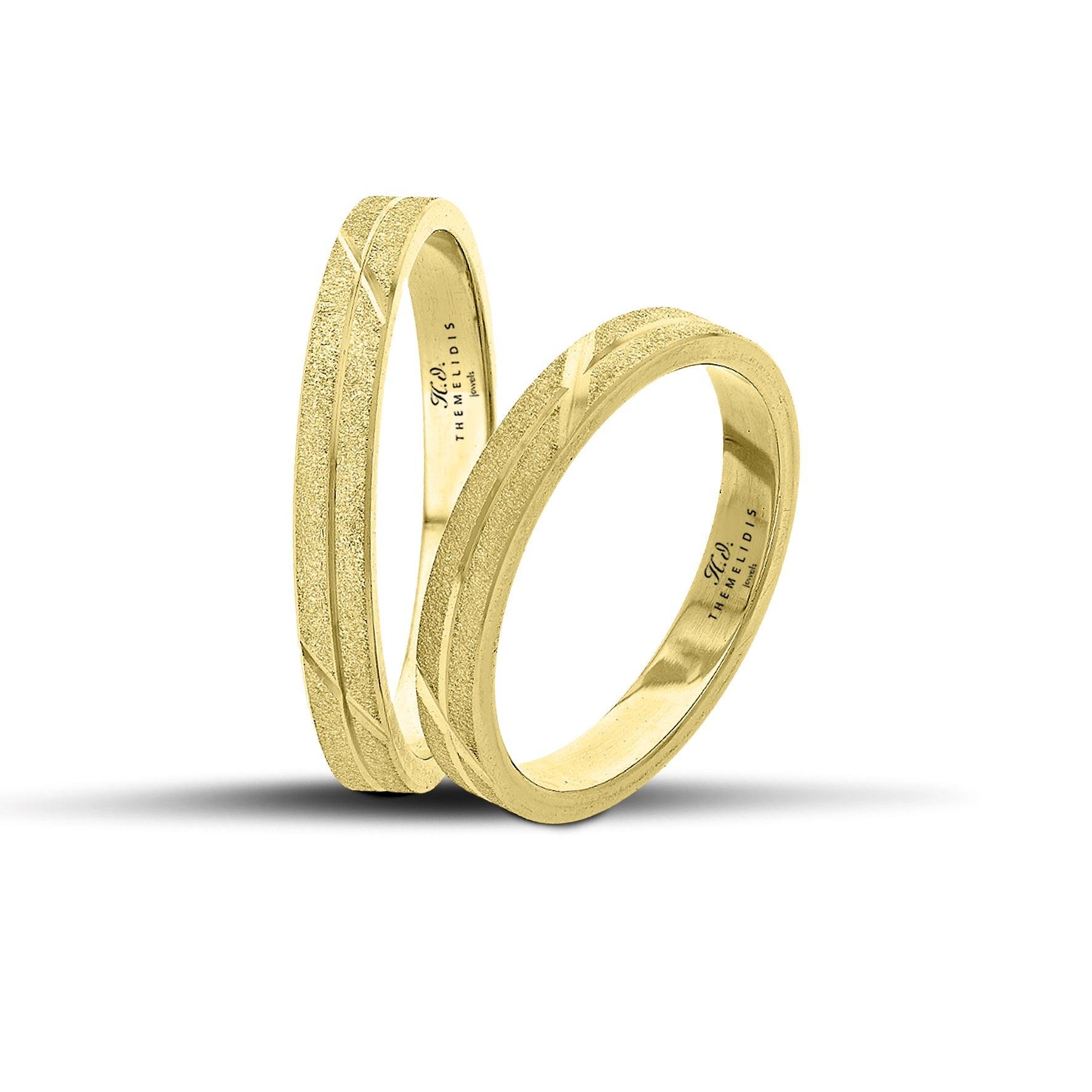 Χρυσές βέρες γάμου 3mm με φινίρισμα ματ αμμοβολής και λουστρέ γραμμές, χειροποίητης κατασκευής.