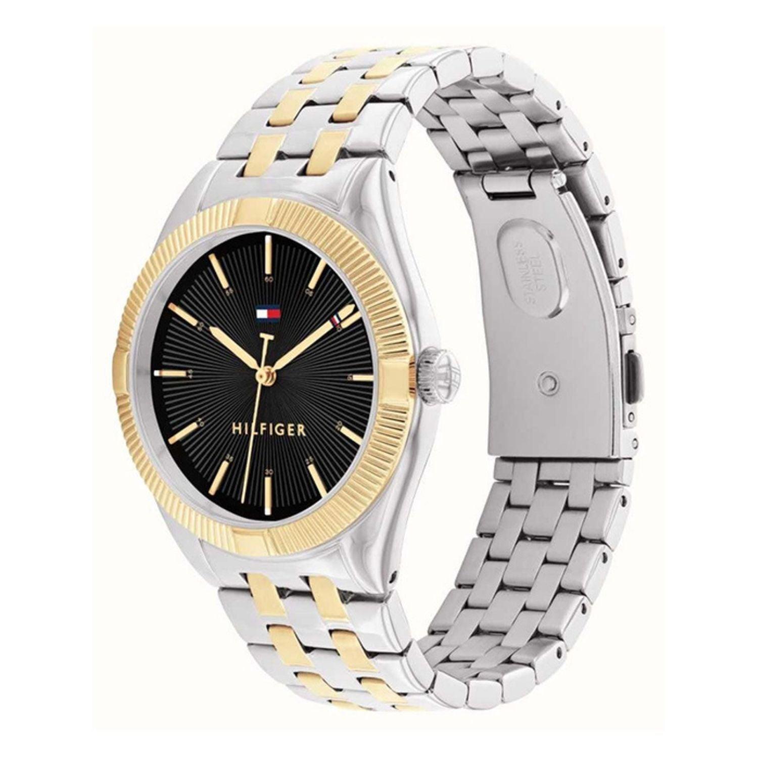 Γυναικείο ρολόι Tommy Hilfiger Rachel 1782549 με δίχρωμο ασημί-χρυσό ατσάλινο μπρασελέ και μαύρο καντράν διαμέτρου 34mm.