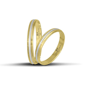 Δίχρωμες βέρες γάμου 3mm από χρυσό και λευκόχρυσο, λουστρέ με ματ γραμμή στο κέντρο, χειροποίητης κατασκευής με ανατομικό σχεδιασμό.