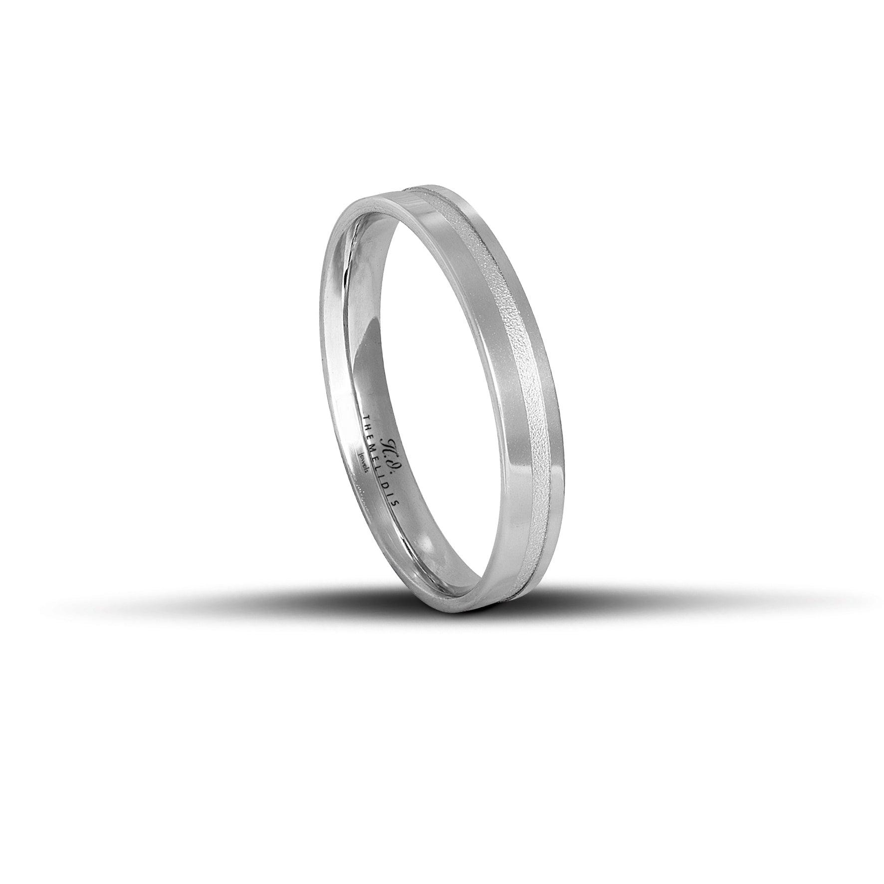 Λευκόχρυσες βέρες γάμου 3.5mm λουστρέ με ματ γραμμή, χειροποίητης κατασκευής με minimal αισθητική.