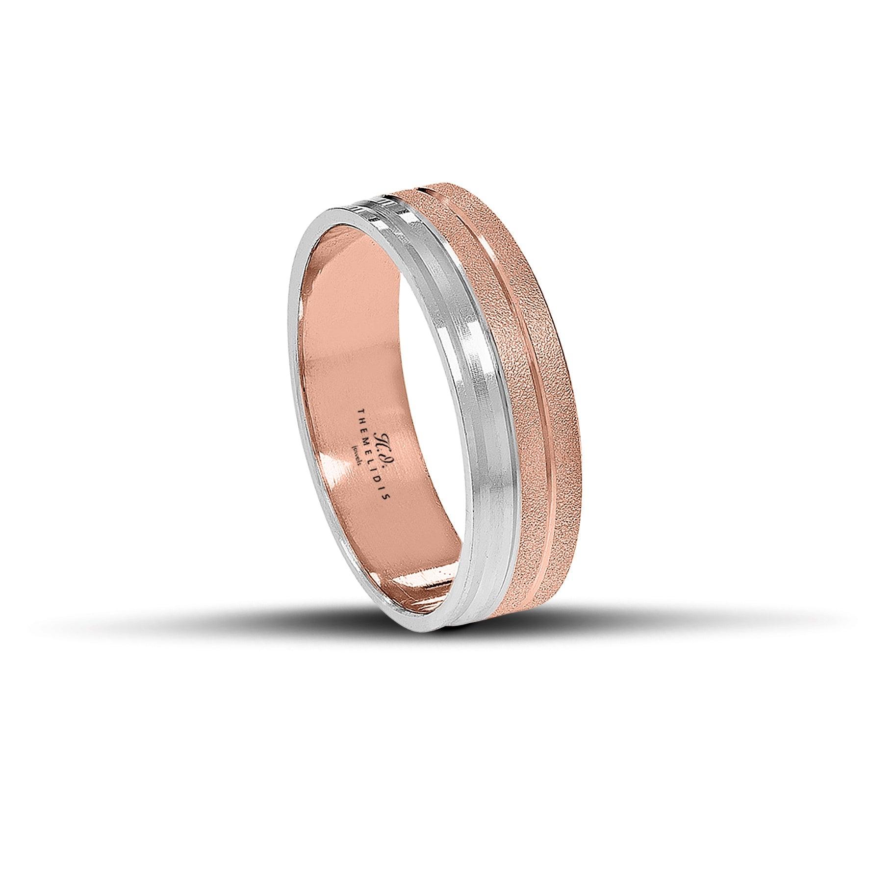 Δίχρωμες βέρες γάμου λευκόχρυσες και ροζ χρυσές 6,5 mm, ματ με λουστρέ λεπτομέρειες, χειροποίητης κατασκευής, διαθέσιμες σε 9, 14, 18 ή 22 καράτια.