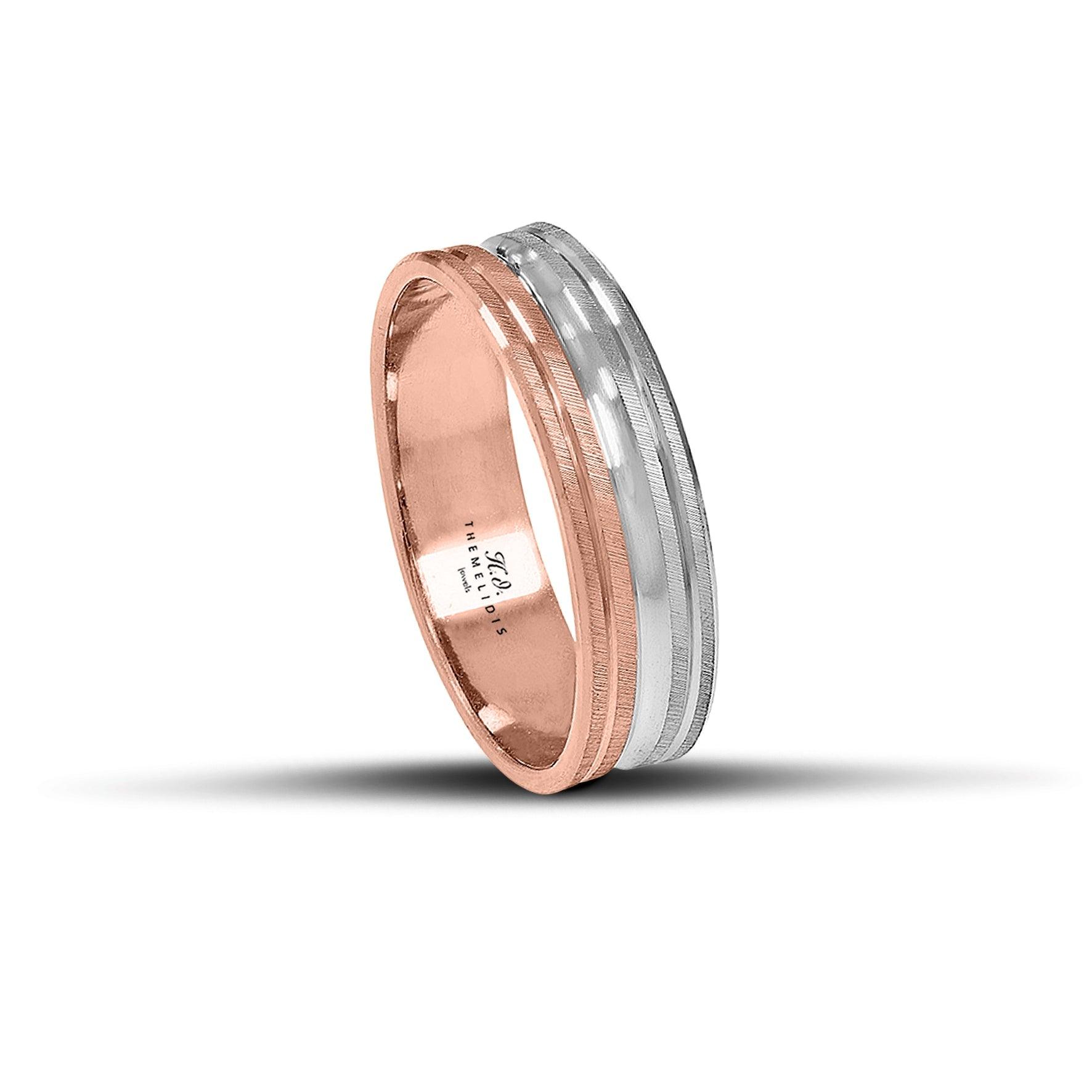 Πρωτότυπες δίχρωμες βέρες γάμου λευκόχρυσες και ροζ χρυσές 6 mm, σαγρέ με λουστρέ γραμμή, χειροποίητης κατασκευής, διαθέσιμες σε 9, 14, 18 ή 22 καράτια.