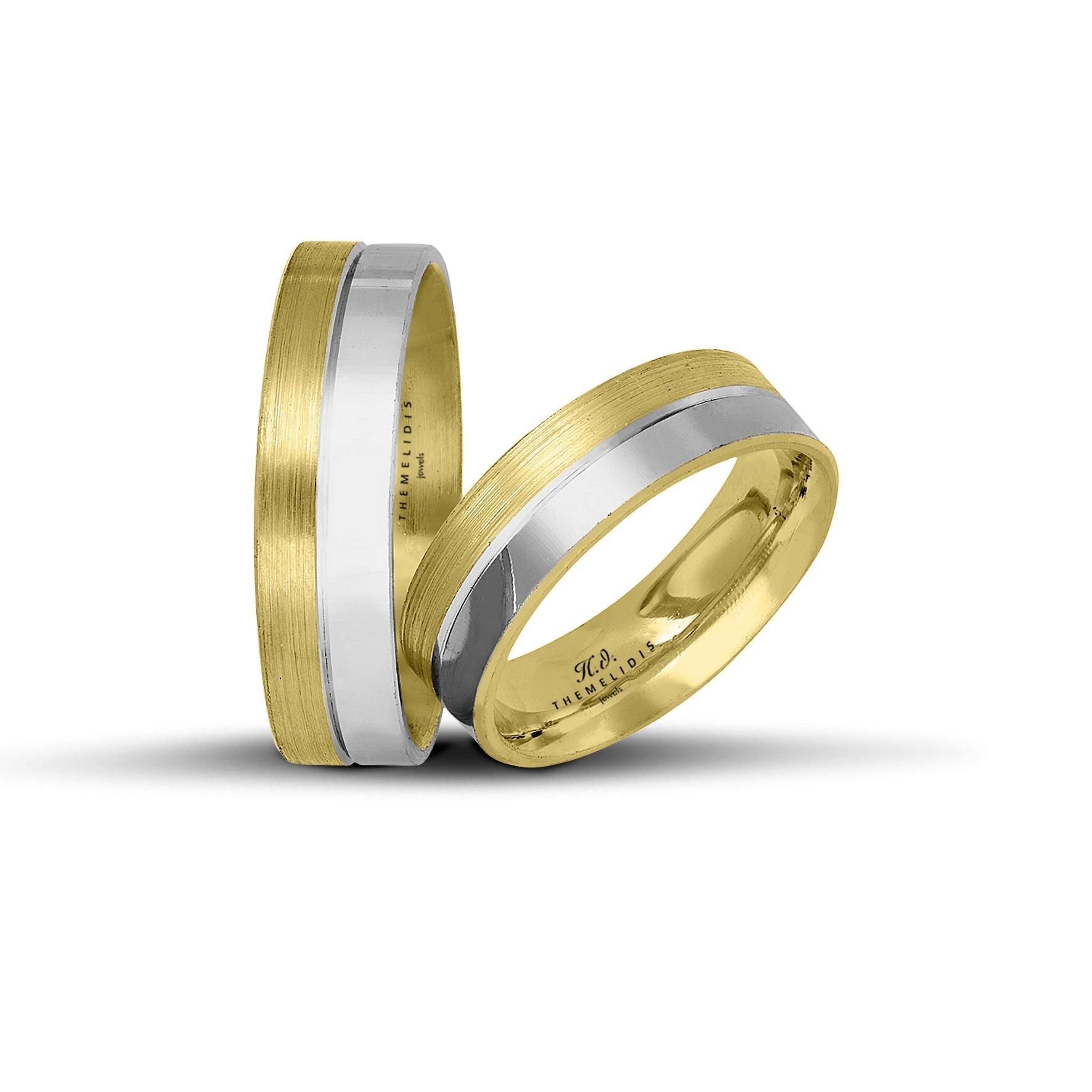 Δίχρωμες βέρες γάμου από λευκόχρυσο και χρυσό 6 mm με λουστρέ και ματ φινίρισμα, χειροποίητης κατασκευής.