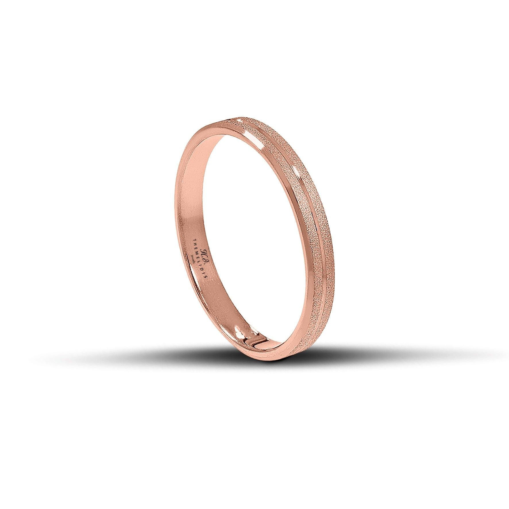 Ροζ χρυσές βέρες γάμου 3 mm, ματ με λουστρέ γραμμή στο κέντρο, χειροποίητες, κομψές και ρομαντικές, διαθέσιμες σε 9, 14, 18 ή 22 καράτια.