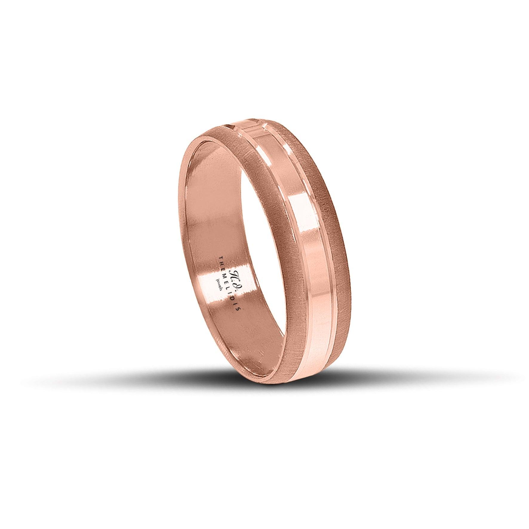 Μοντέρνες βέρες γάμου ροζ χρυσές 6 mm, ματ με λουστρέ γραμμή, λαμπερές και χειροποίητης κατασκευής, διαθέσιμες σε 9, 14, 18 ή 22 καράτια.