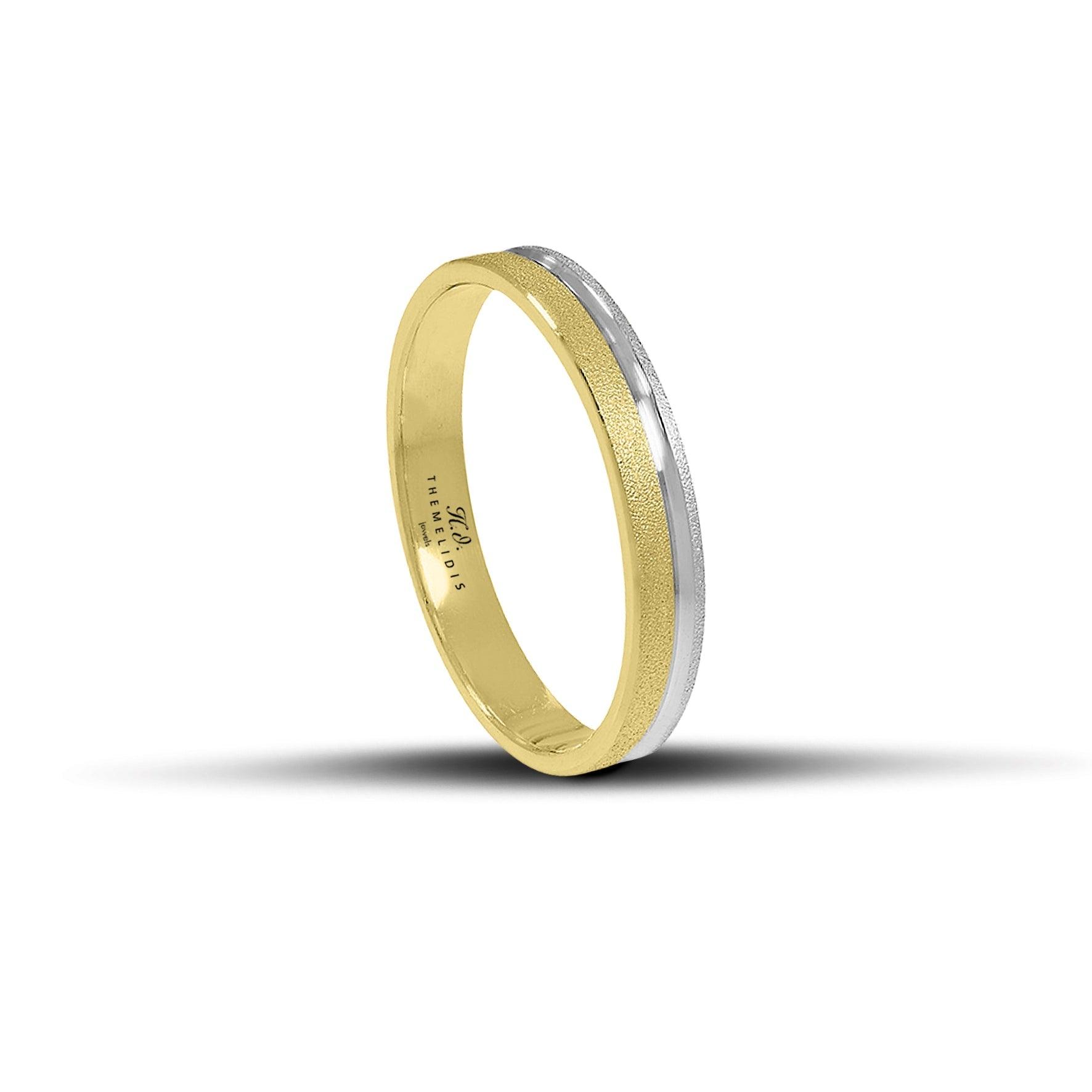 Χρυσές και λευκόχρυσες βέρες γάμου 3.5 mm, ματ με λουστρέ γραμμή στο κέντρο, κομψές και χειροποίητες, διαθέσιμες σε 9, 14, 18 ή 22 καράτια.