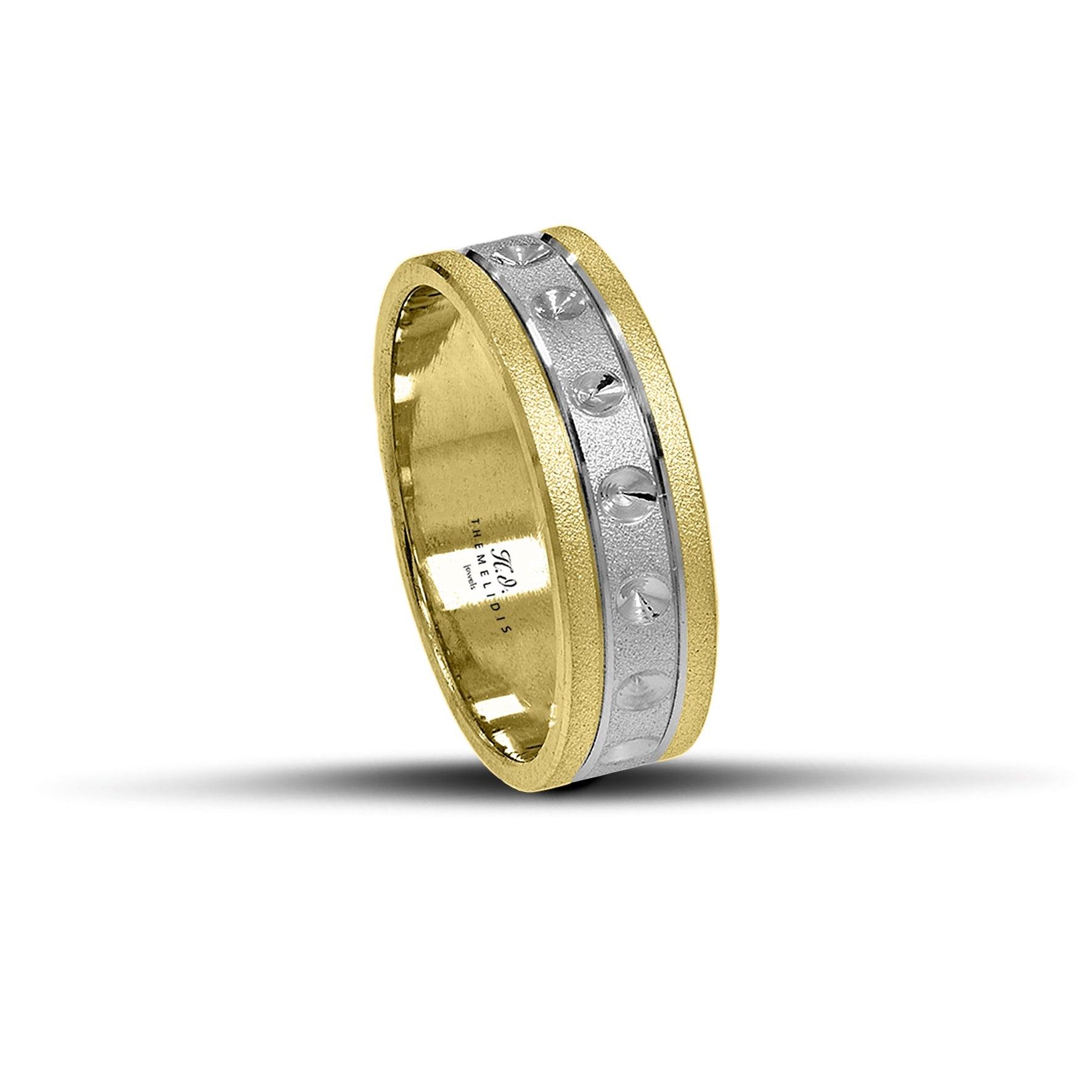 Δίχρωμες βέρες γάμου χρυσές και λευκόχρυσες 6 mm, ματ με στρογγυλά ανάγλυφα σχέδια, με κομψή λάμψη και πρωτότυπη σχεδίαση, χειροποίητης κατασκευής, διαθέσιμες σε 9, 14, 18 ή 22 καράτια.