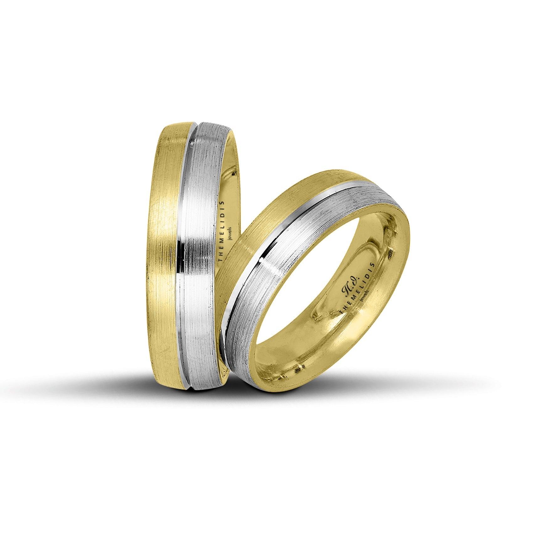 Δίχρωμες βέρες γάμου χρυσές και λευκόχρυσες 6 mm με σαγρέ φινίρισμα, διαθέσιμες σε 9, 14, 18 ή 22 καράτια, χειροποίητης κατασκευής.