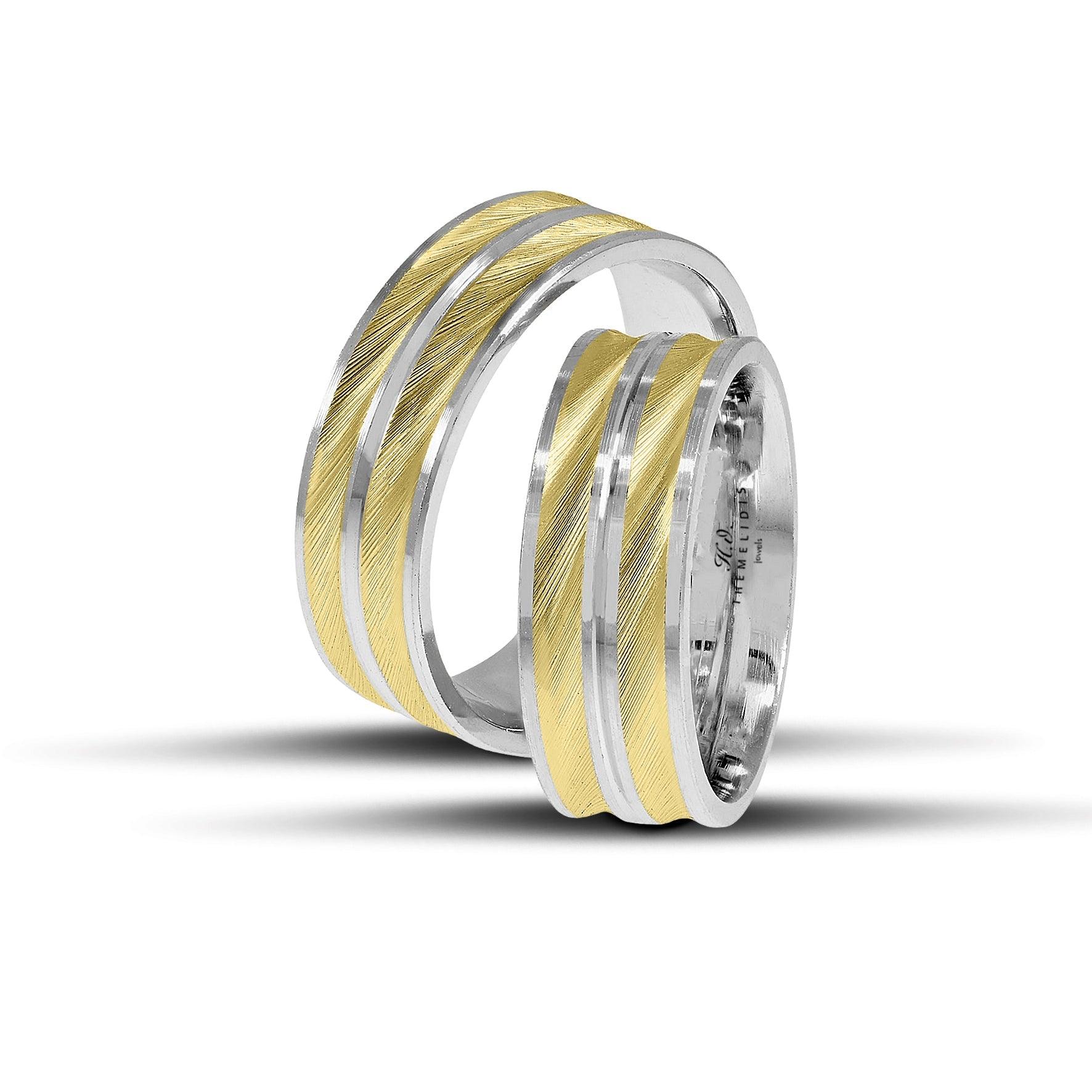 Δίχρωμες βέρες γάμου 7 mm, χρυσές σαγρέ και λευκόχρυσες λουστρέ, πολυτελής χειροποίητη κατασκευή, διαθέσιμες σε 9, 14, 18 ή 22 καράτια.