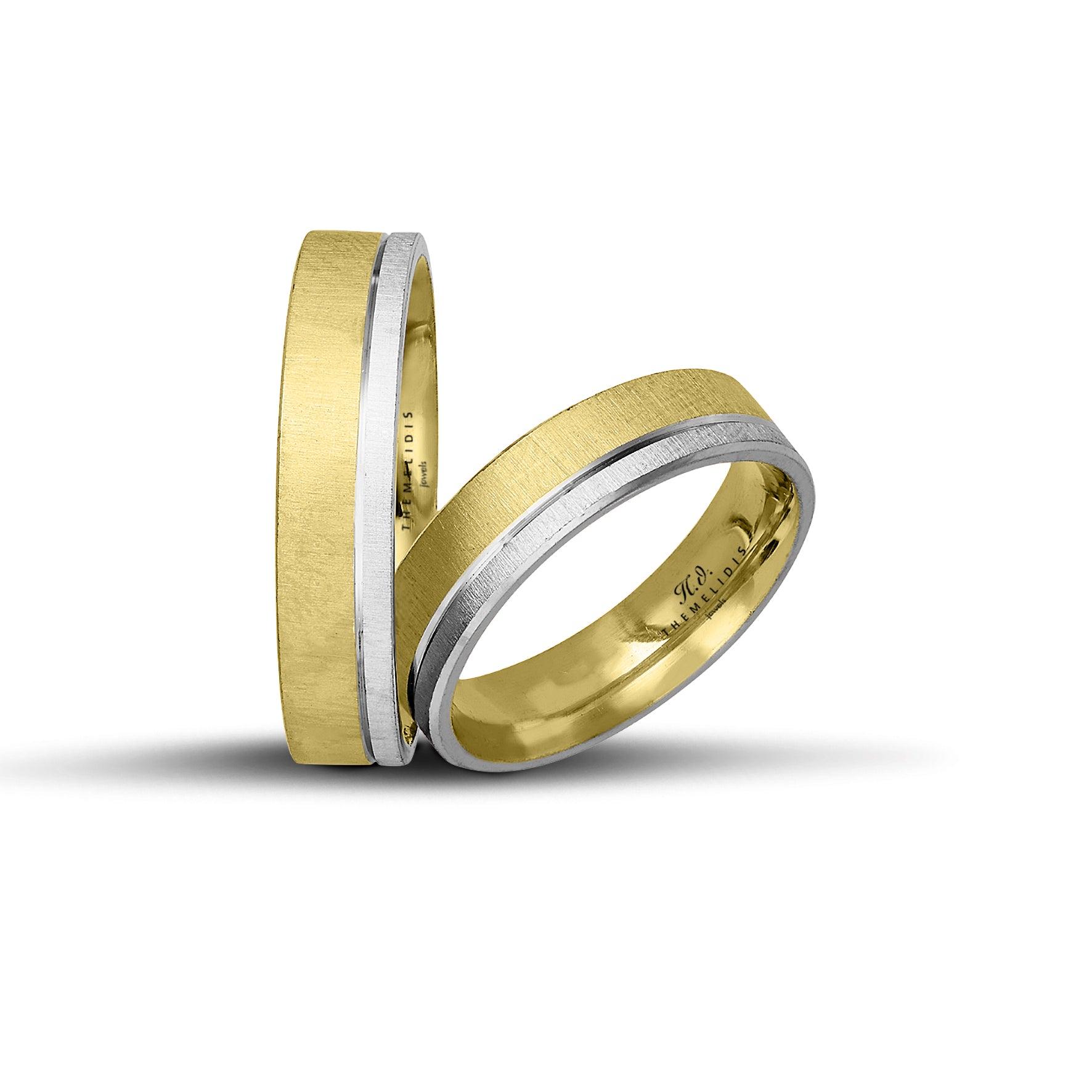 Δίχρωμες βέρες γάμου χρυσές και λευκόχρυσες 5 mm, σαγρέ με λουστρέ γραμμή, διαθέσιμες σε 9, 14, 18 ή 22 καράτια.