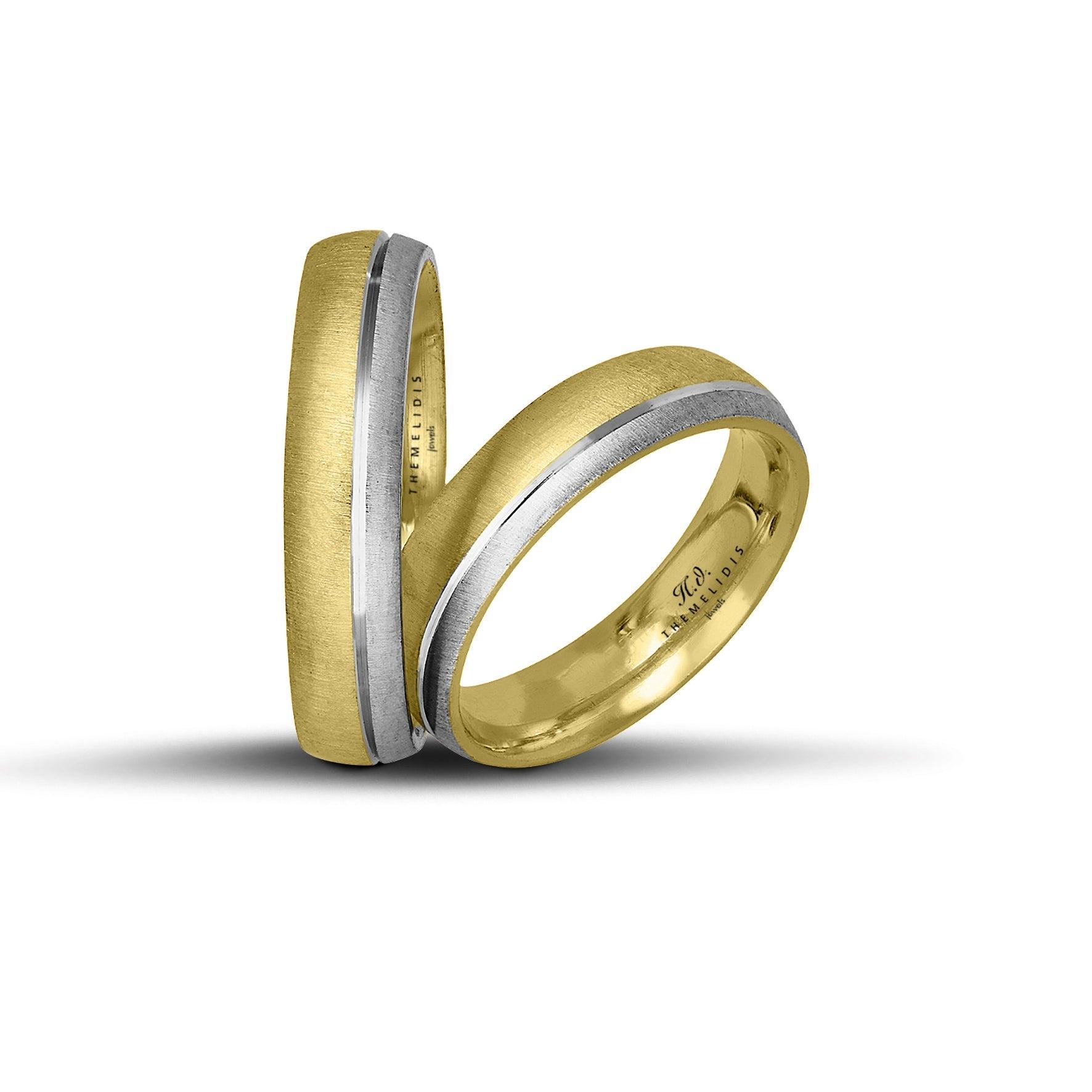 Δίχρωμες βέρες γάμου χρυσές και λευκόχρυσες 5 mm, σαγρέ με λουστρέ λευκόχρυση γραμμή, διαθέσιμες σε 9, 14, 18 ή 22 καράτια.