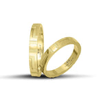 Πρωτότυπες χρυσές βέρες γάμου 3.5 mm με λουστρέ και ματ γεωμετρικά σχέδια, ιδανικές για ζευγάρια που εκτιμούν τη λεπτομέρεια και τη μοντέρνα αισθητική, διαθέσιμες σε 9, 14, 18 ή 22 καράτια.