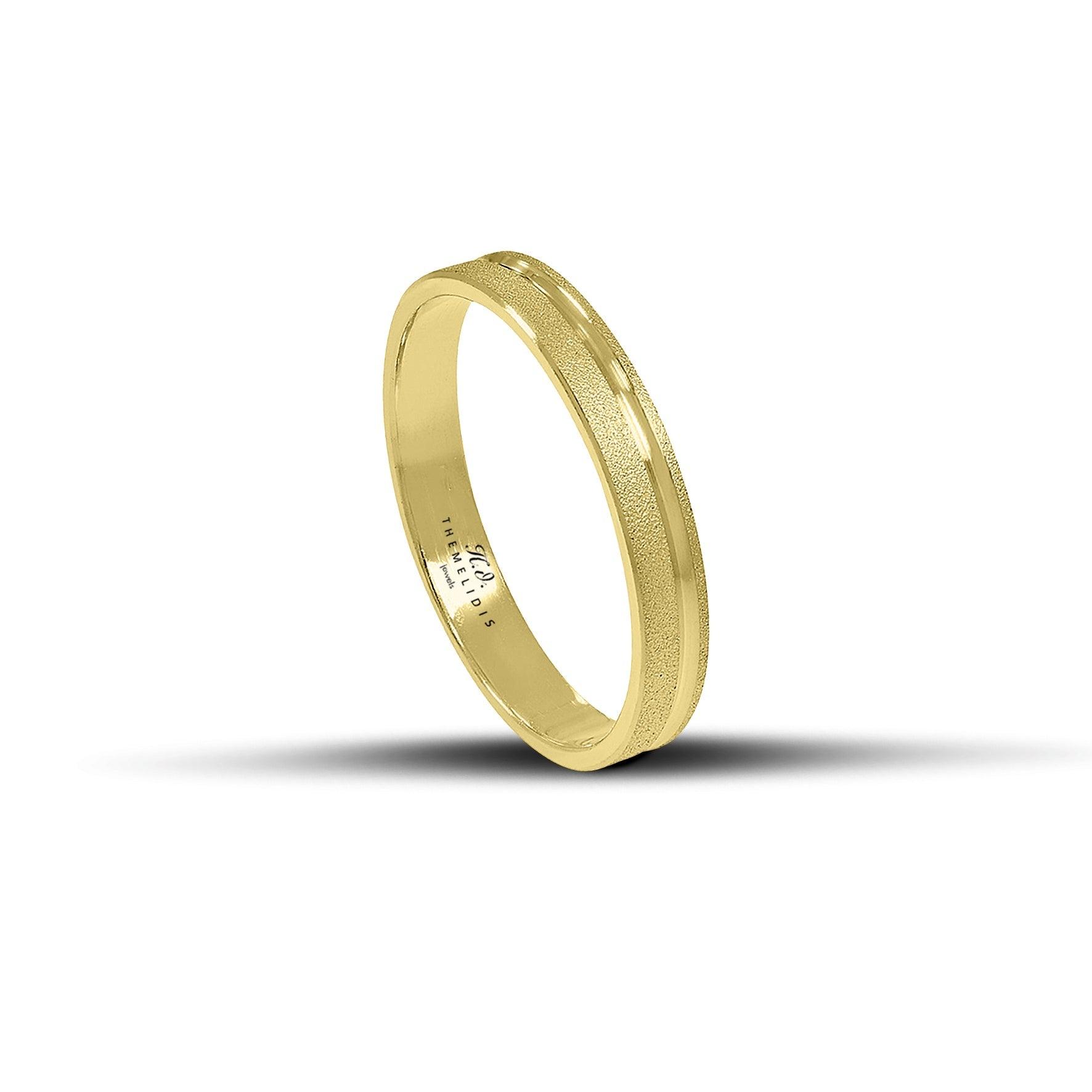 Χρυσές βέρες γάμου 3.5 mm, ματ με λουστρέ γραμμή στο κέντρο, χειροποίητες και κομψές, διαθέσιμες σε 9, 14, 18 ή 22 καράτια.