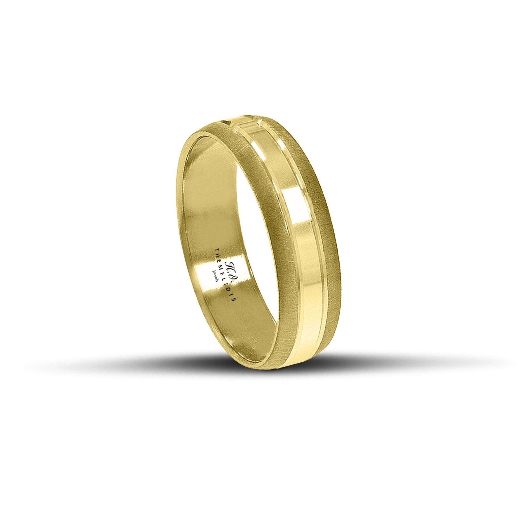 Μοντέρνες βέρες γάμου χρυσές 6 mm, ματ με λουστρέ γραμμή, λαμπερές και χειροποίητης κατασκευής, διαθέσιμες σε 9, 14, 18 ή 22 καράτια.