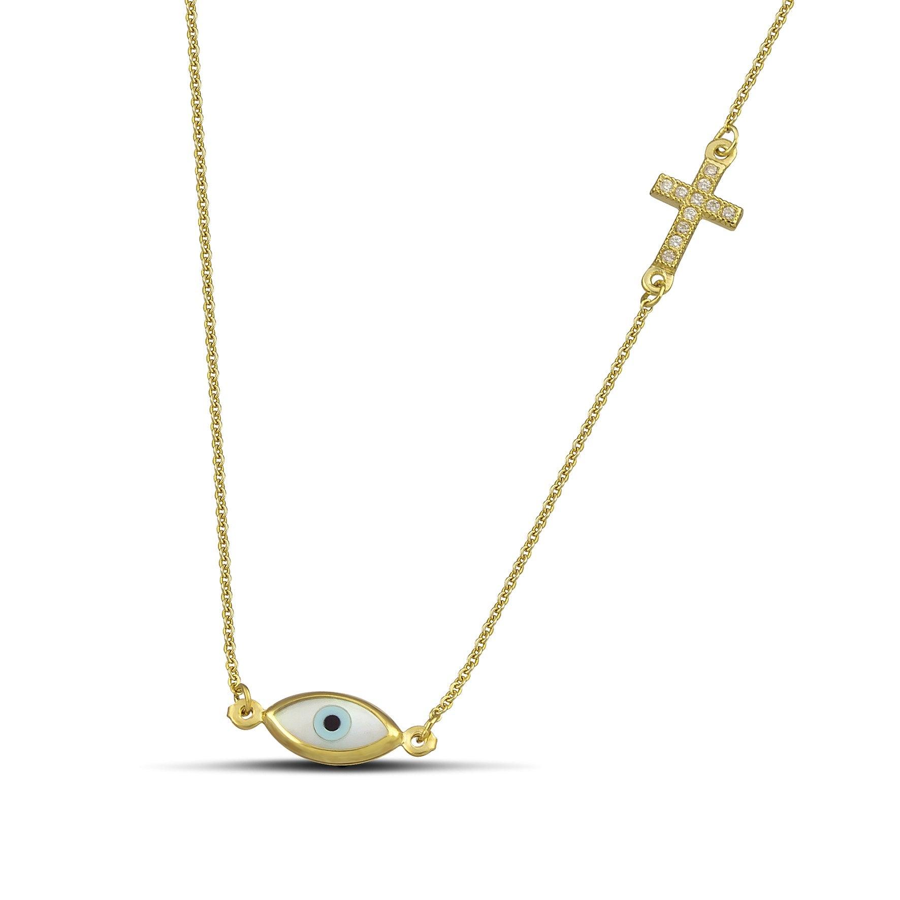 Χρυσό κολιέ Κ14 φίλντισι μάτι και σταυρό