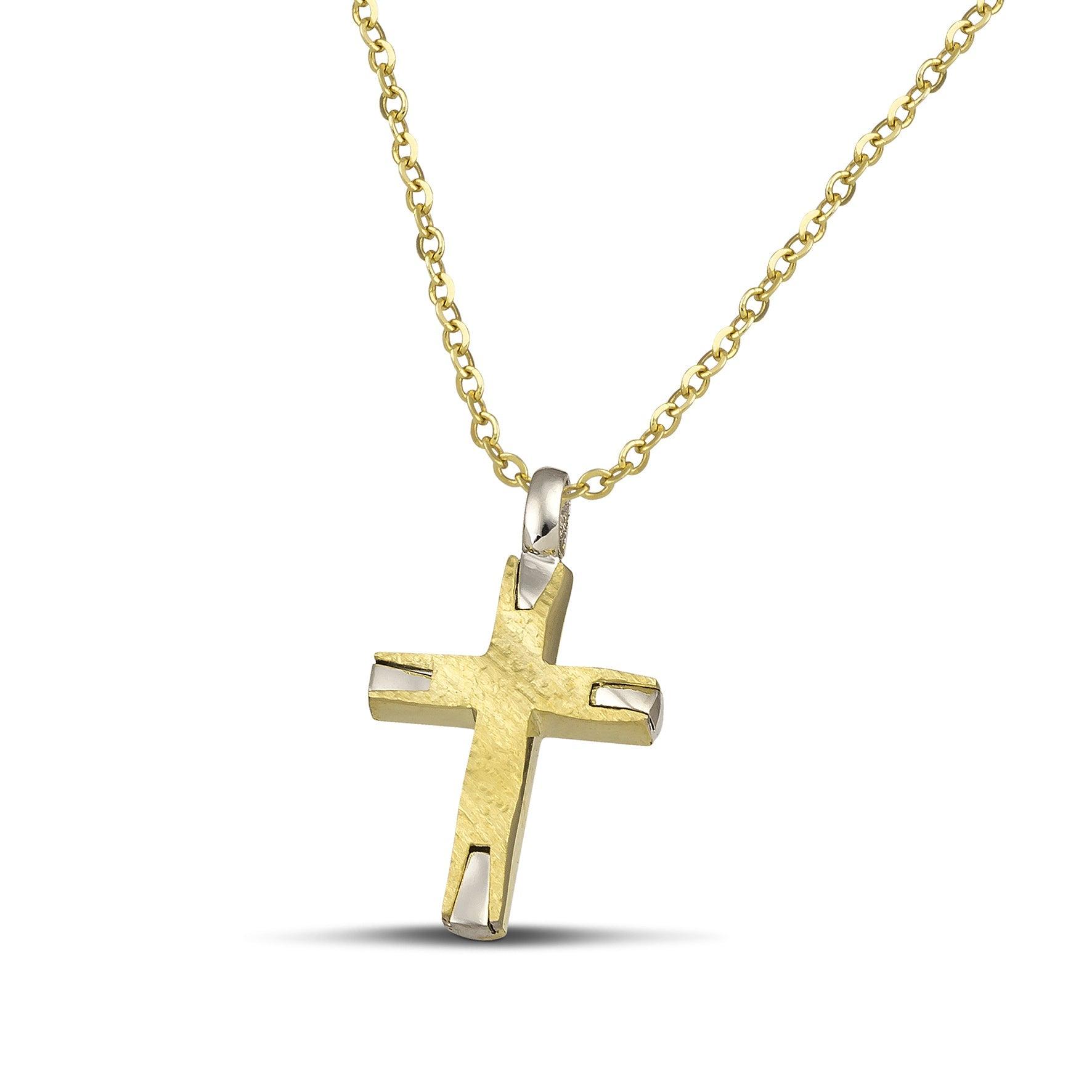 Σταυρός βάπτισης από χρυσό Κ14 σαγρέ για γυναίκα.  Φορεμένος σε λεπτή αλυσίδα.