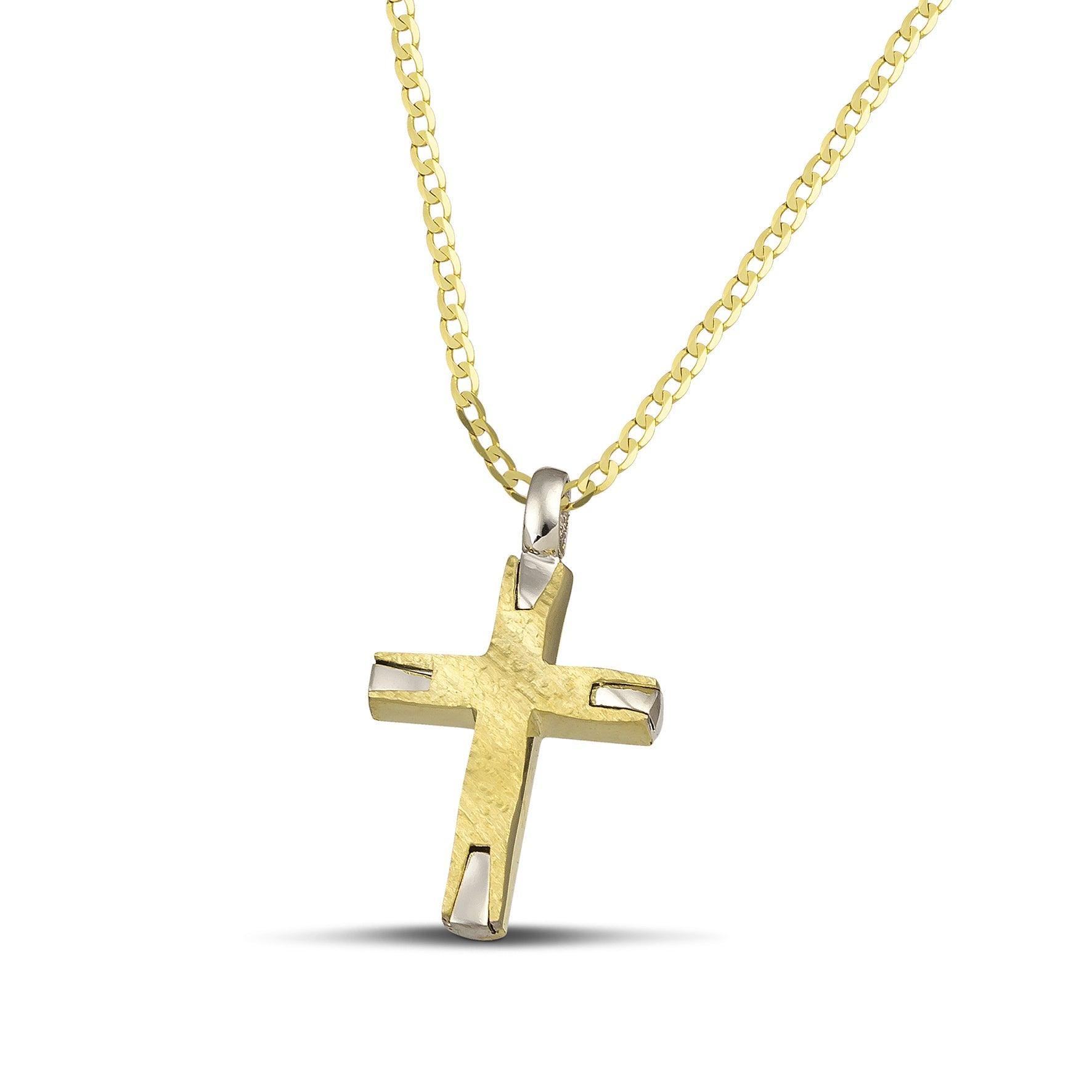 Σταυρός βάπτισης από χρυσό Κ14 σαγρέ για γυναίκα.  Φορεμένος σε κλασσική αλυσίδα.