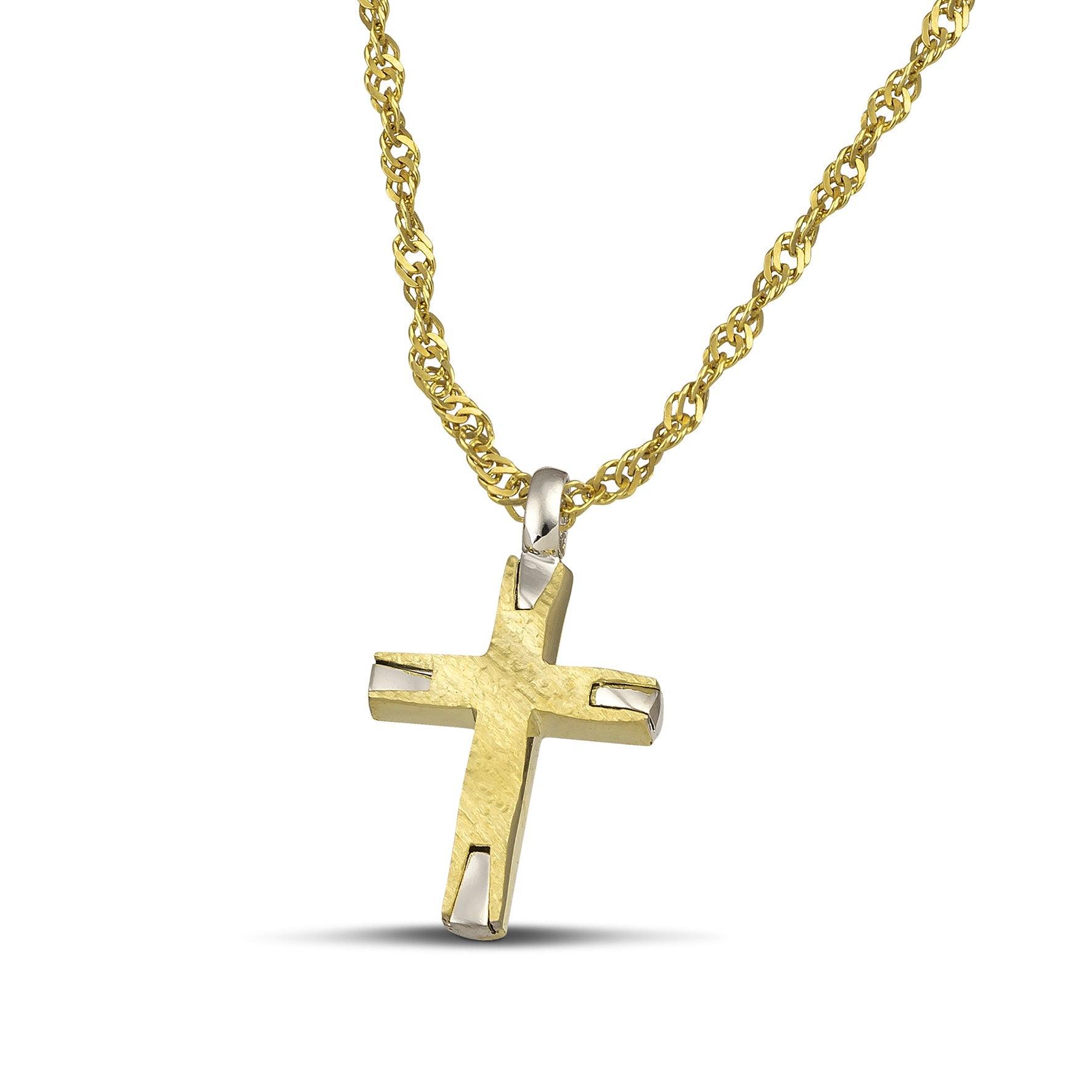 Σταυρός βάπτισης από χρυσό Κ14 σαγρέ για γυναίκα.  Φορεμένος σε μεγάλη, στριφτή αλυσίδα.