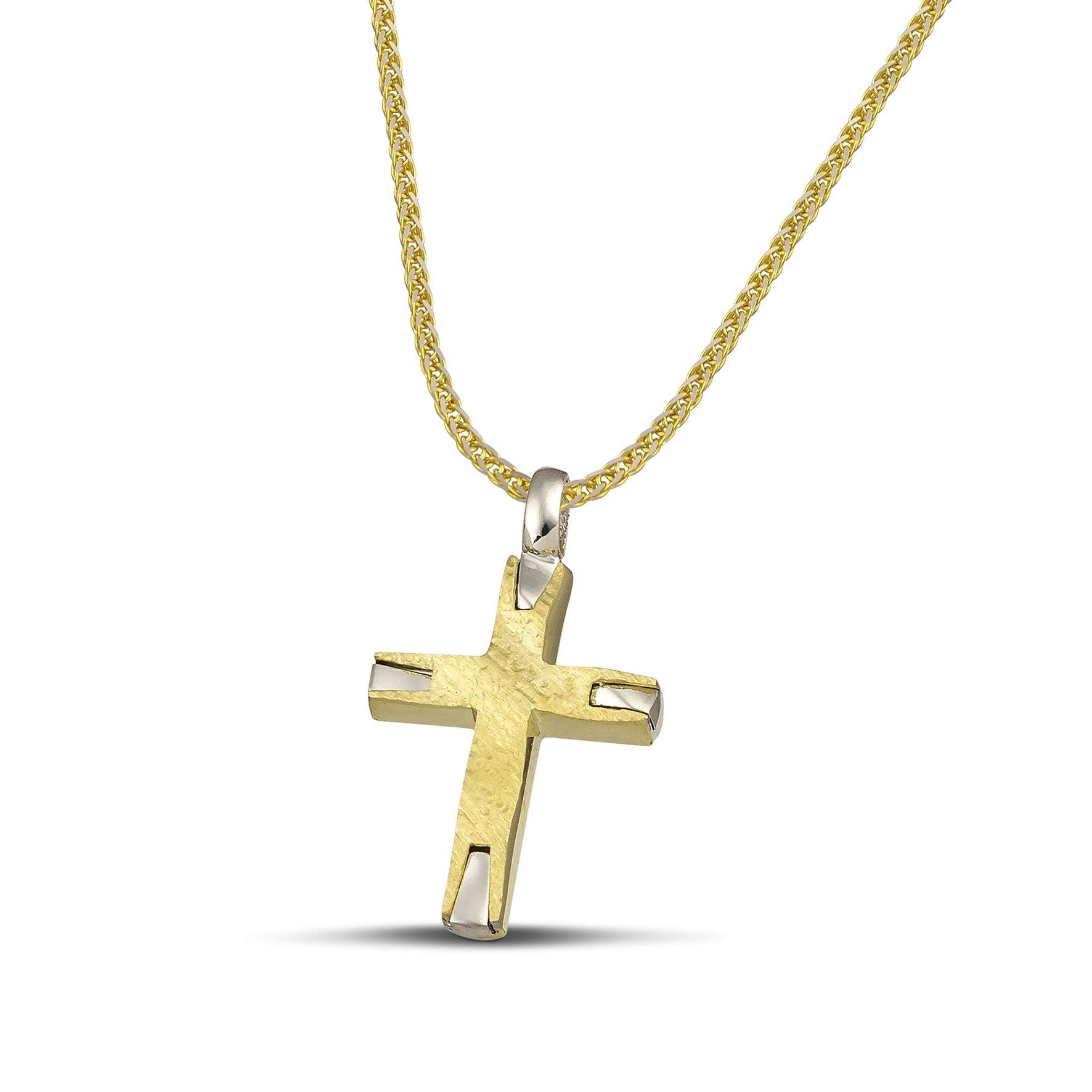 Σταυρός βάπτισης από χρυσό Κ14 σαγρέ για γυναίκα.  Φορεμένος σε πλατιά, μεγάλη αλυσίδα