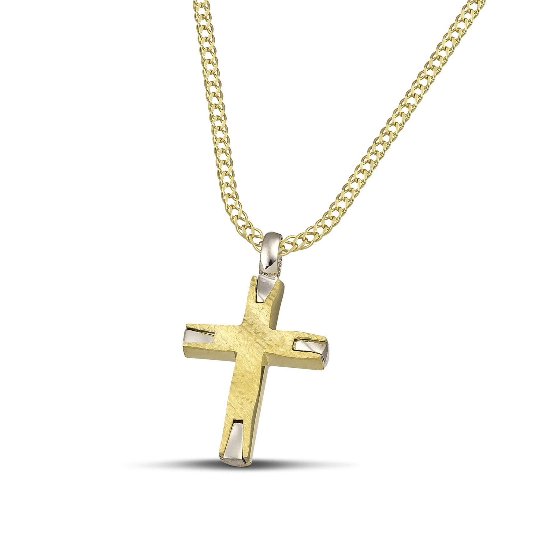 Σταυρός βάπτισης από χρυσό Κ14 σαγρέ για γυναίκα.  Φορεμένος σε πλατιά  αλυσίδα