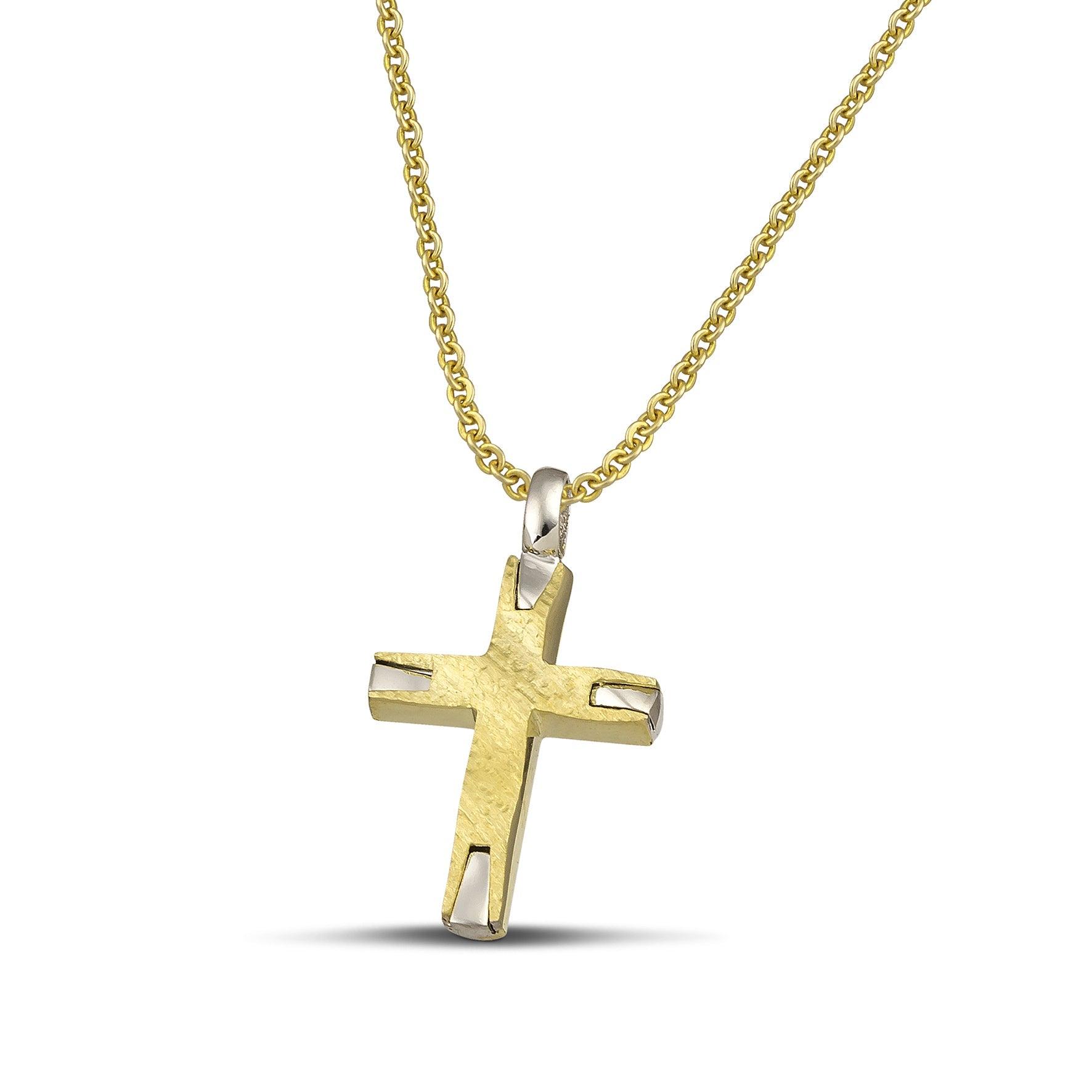 Σταυρός βάπτισης από χρυσό Κ14 σαγρέ για γυναίκα.  Φορεμένος σε λεπτή αλυσίδα.