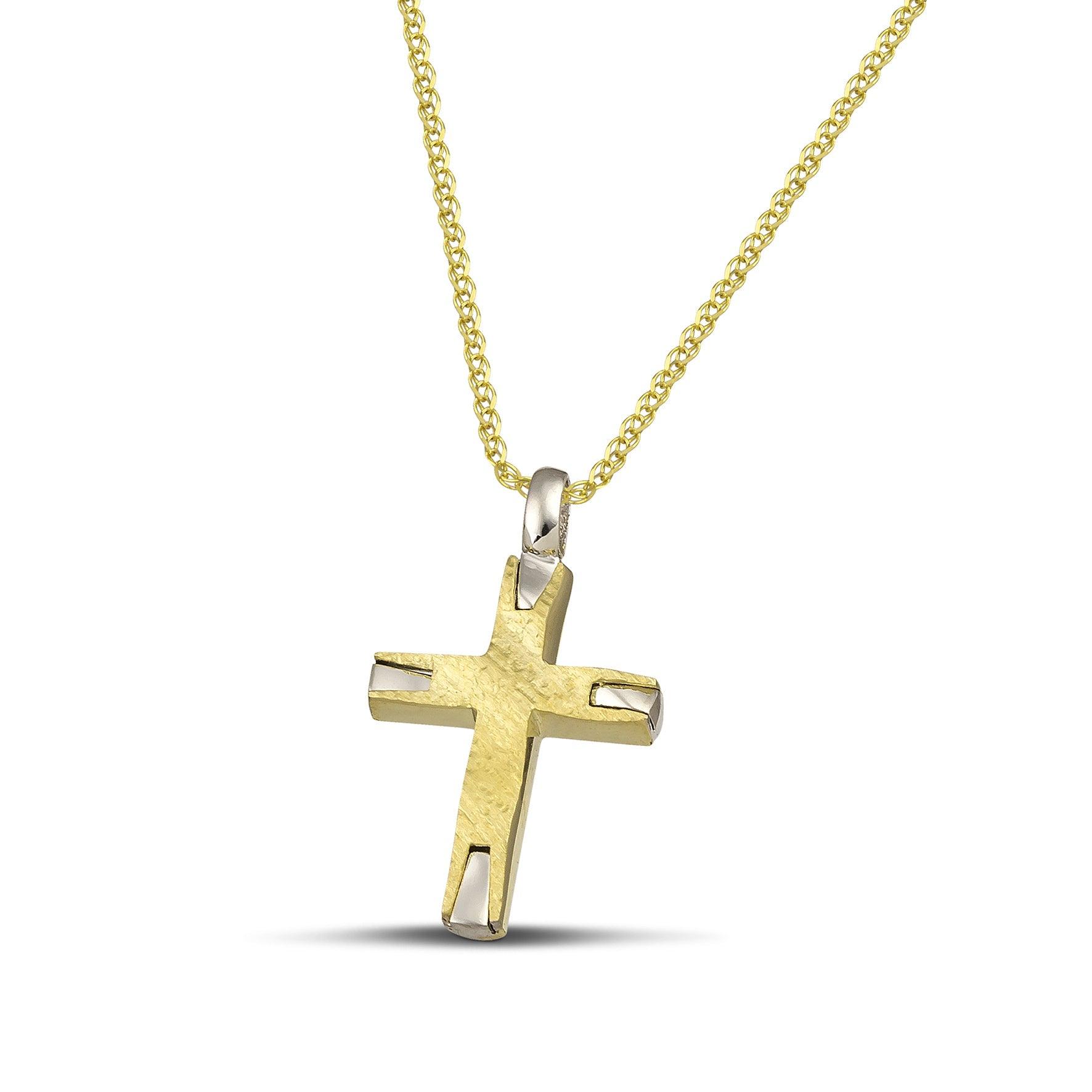 Σταυρός βάπτισης από χρυσό Κ14 σαγρέ για γυναίκα.  Φορεμένος σε πλεκτή αλυσίδα.