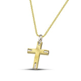 Σταυρός βάπτισης από χρυσό Κ14 σαγρέ για γυναίκα.  Φορεμένος σε πλεκτή αλυσίδα.